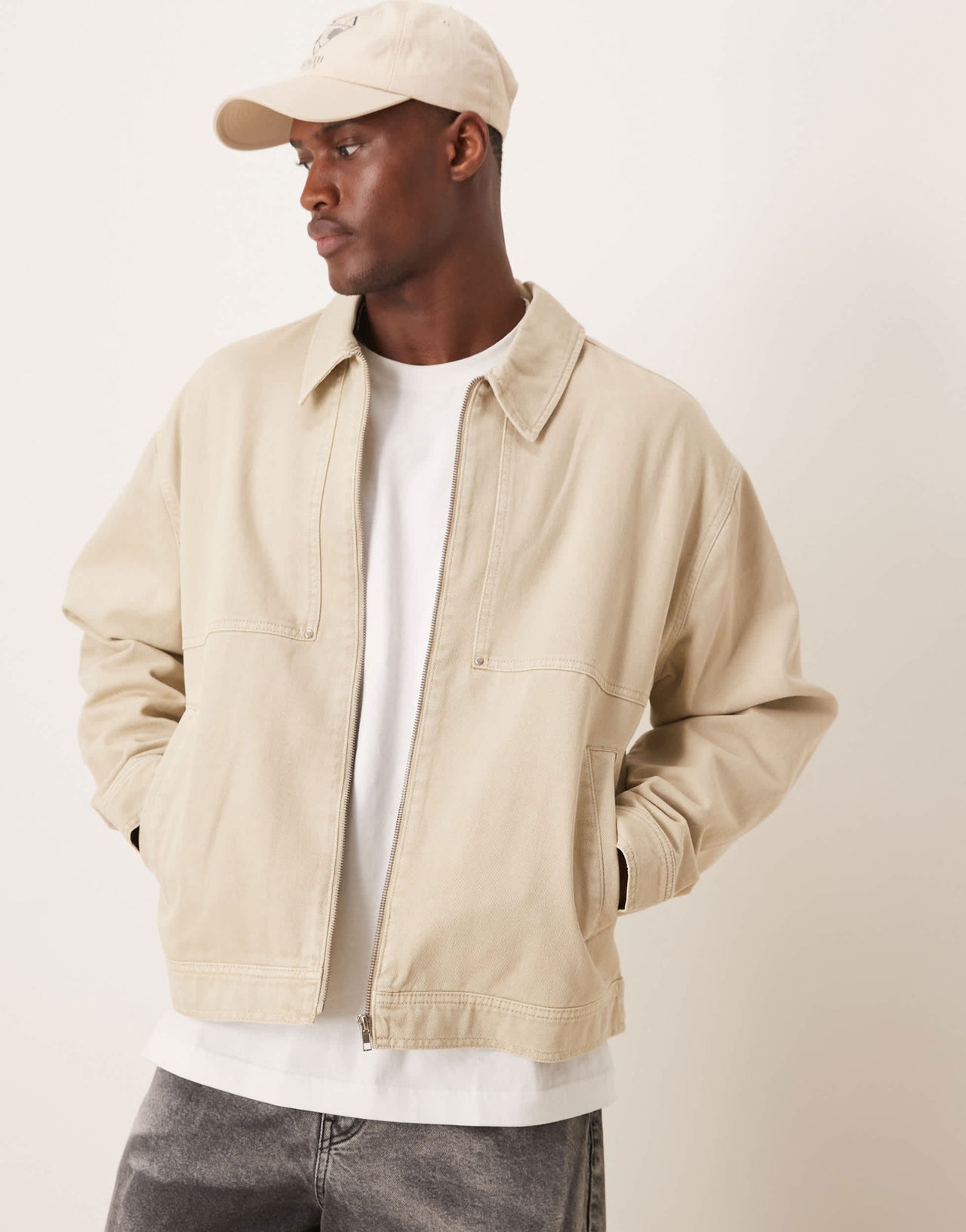 ASOS DESIGN oversized washed harrington jacket in stone