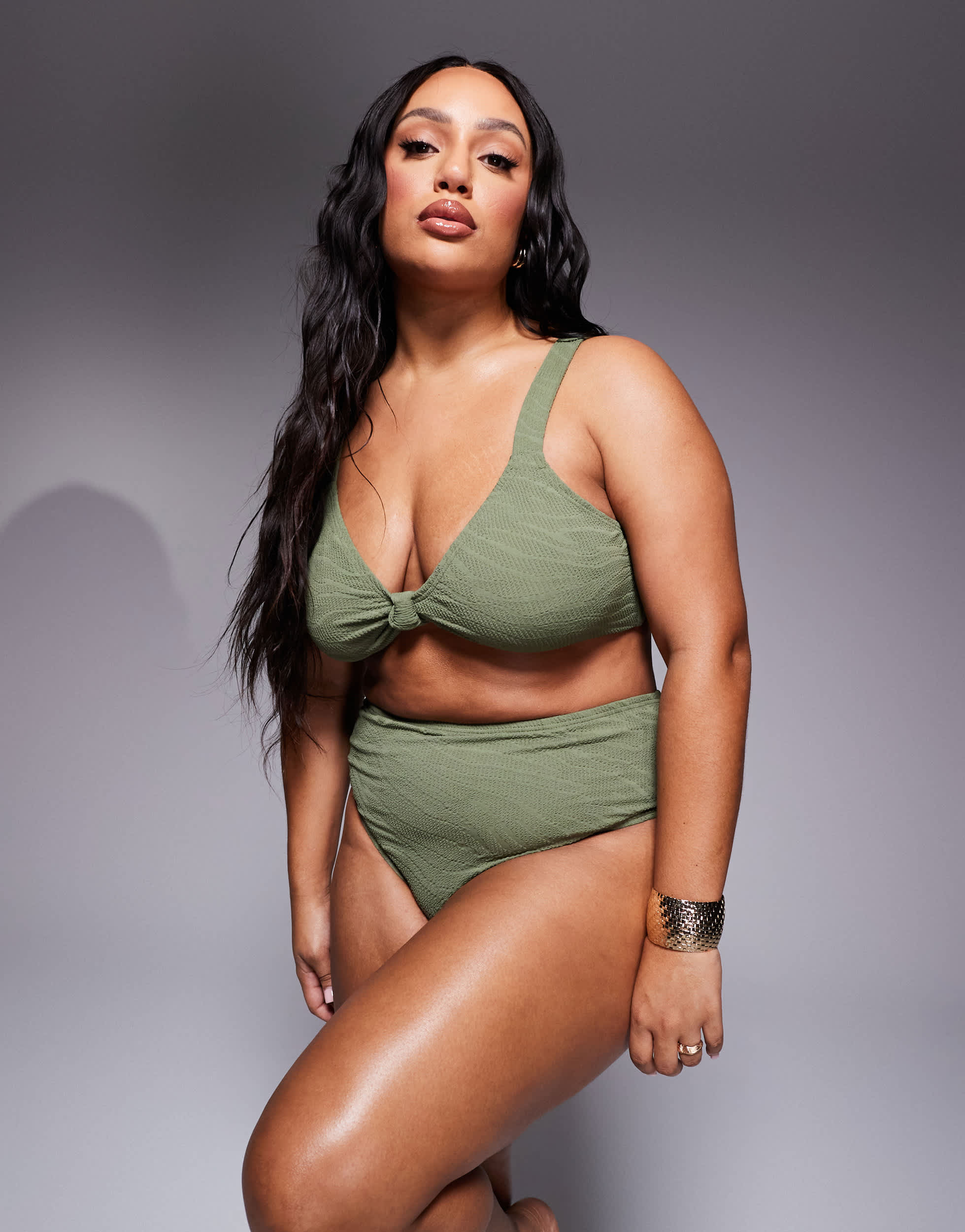 South Beach Curve knot front zebra crinkle bikini top in khaki