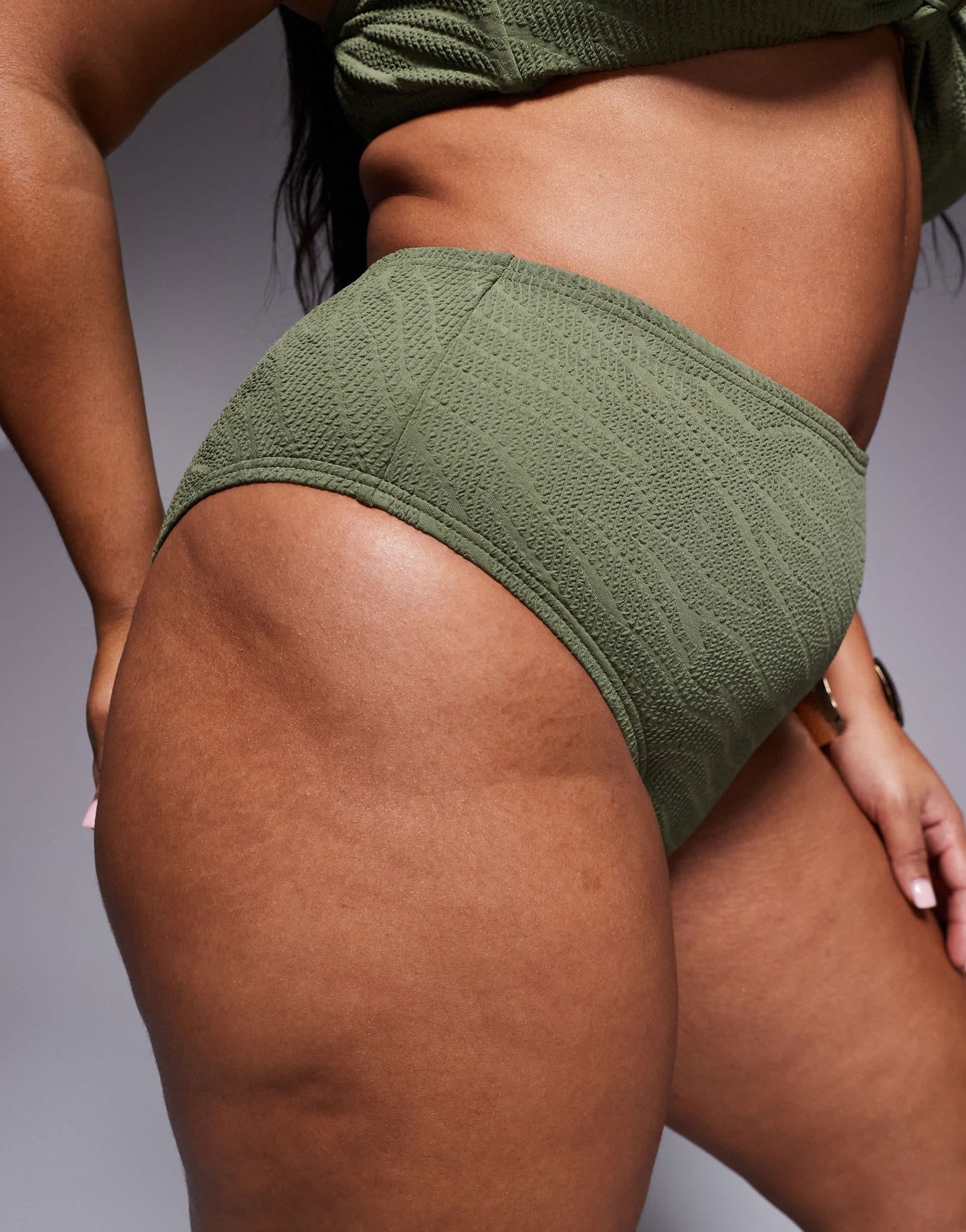 South Beach Curve zebra crinkle high leg high waist bikini bottom in khaki