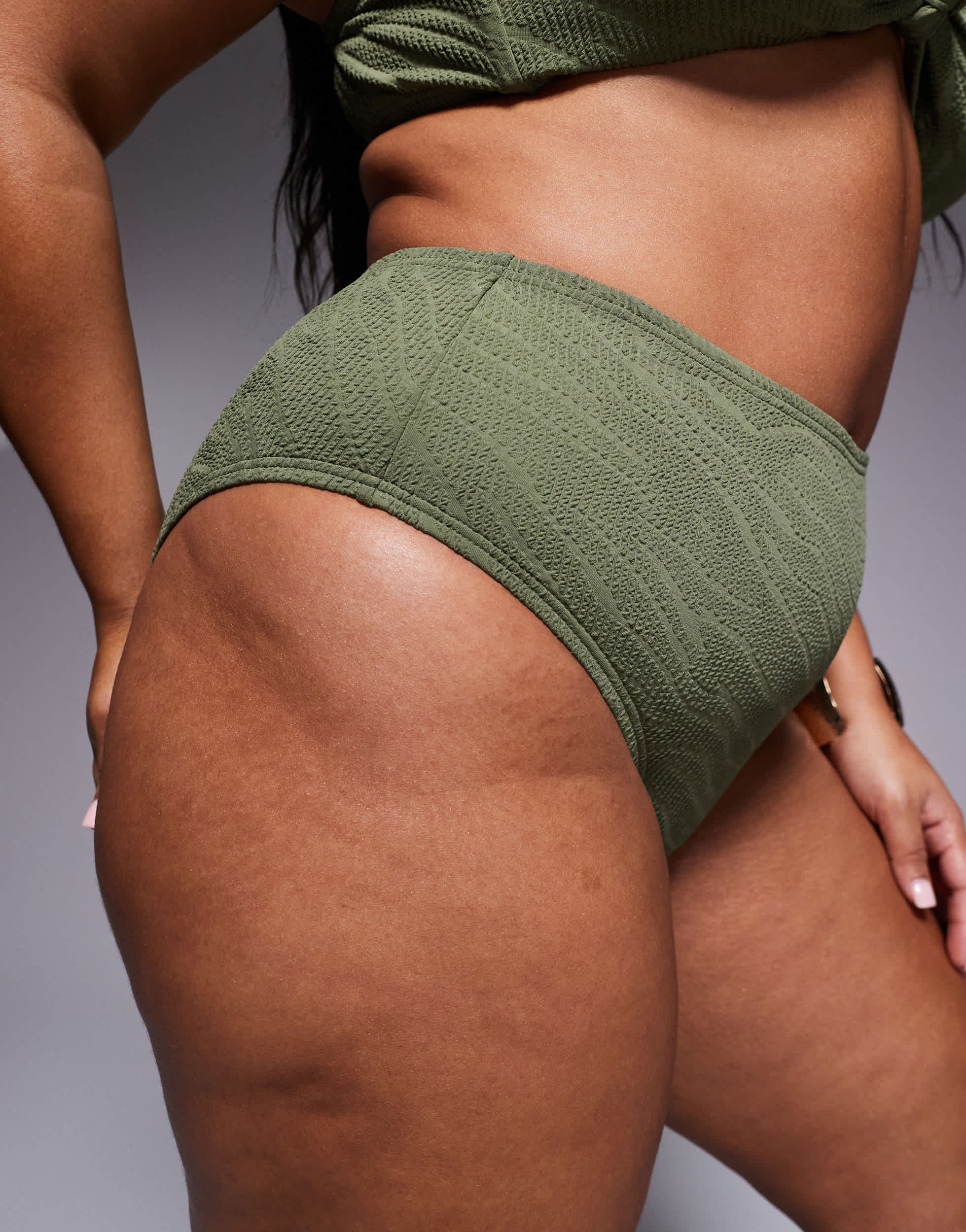 South Beach Curve zebra crinkle high leg high waist bikini bottom in khaki