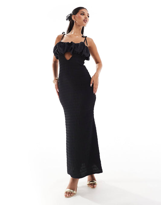 ASOS DESIGN scrunch boob with cut out textured midi dress in black