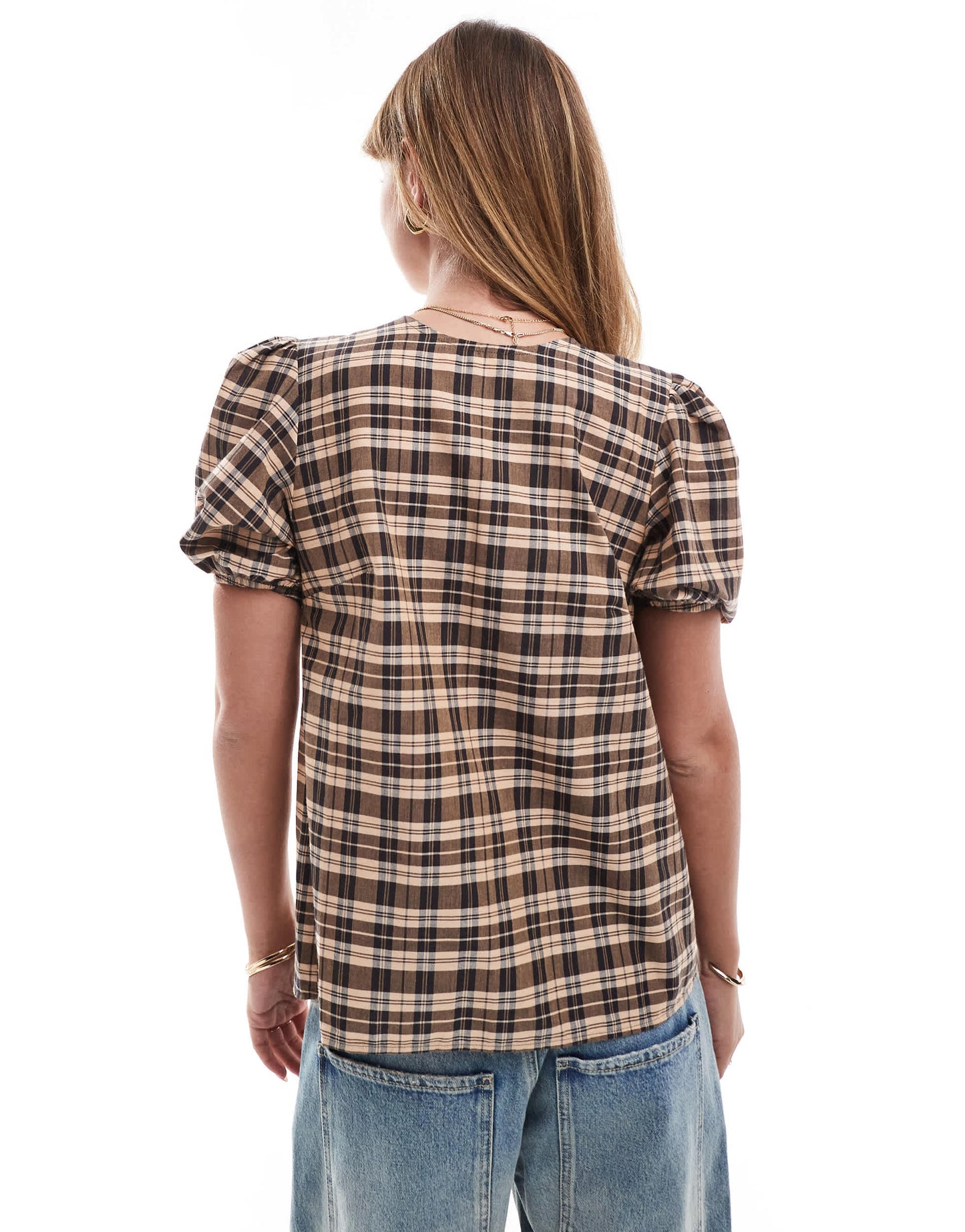 ASOS DESIGN tie back top with puff sleeve in check