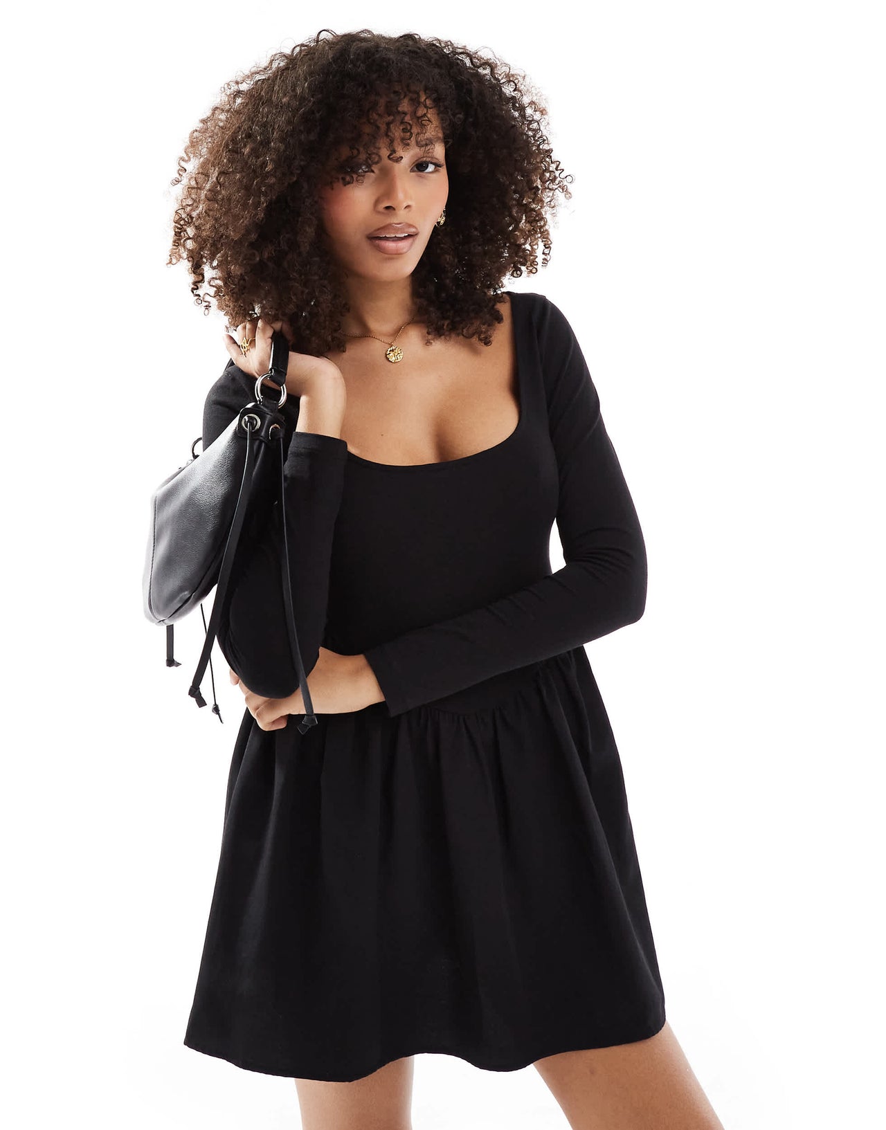 ASOS DESIGN poplin mix boat neck mini dress in black