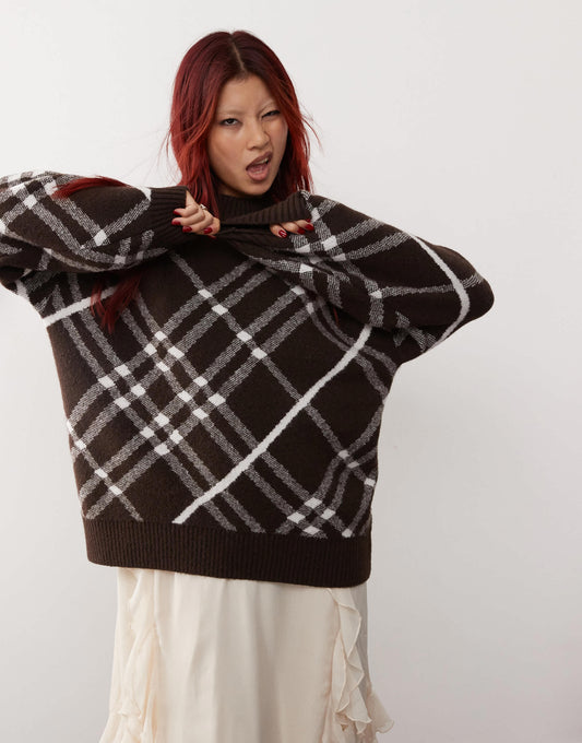 Monki oversized knit sweater in black and brown check