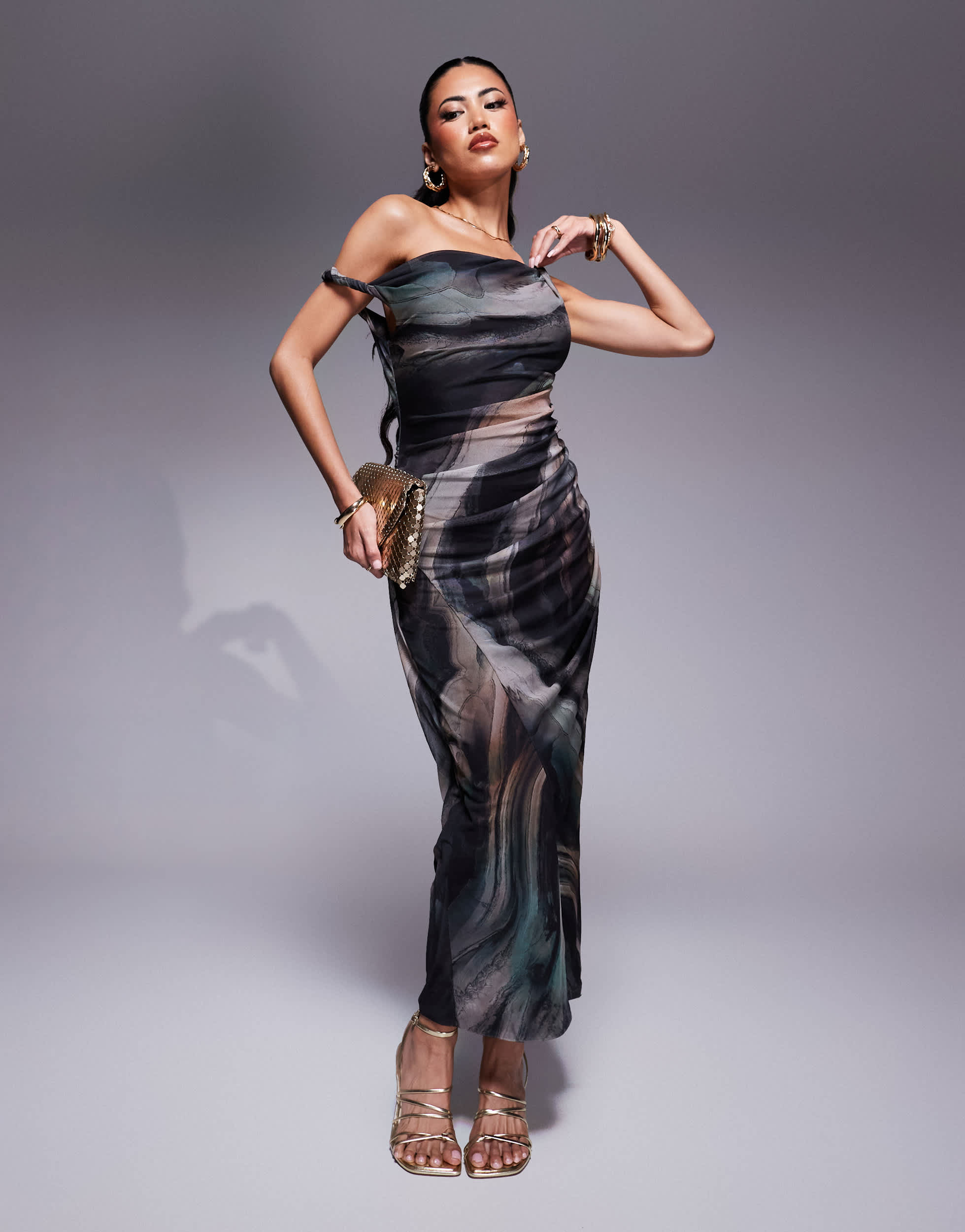 ASOS DESIGN twist one shoulder mesh midi dress in marble print