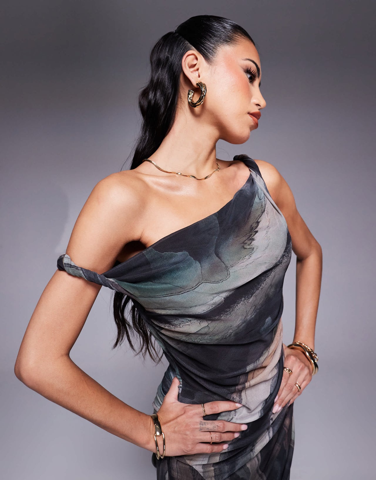 ASOS DESIGN twist one shoulder mesh midi dress in marble print