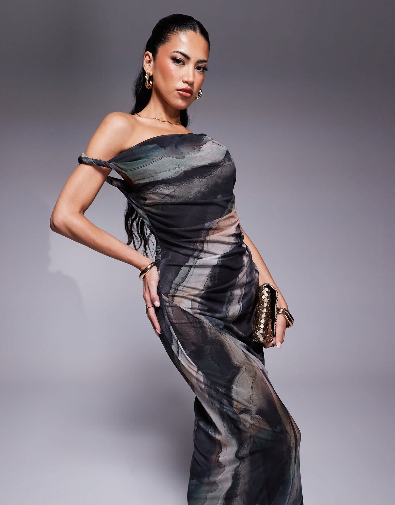 ASOS DESIGN twist one shoulder mesh midi dress in marble print