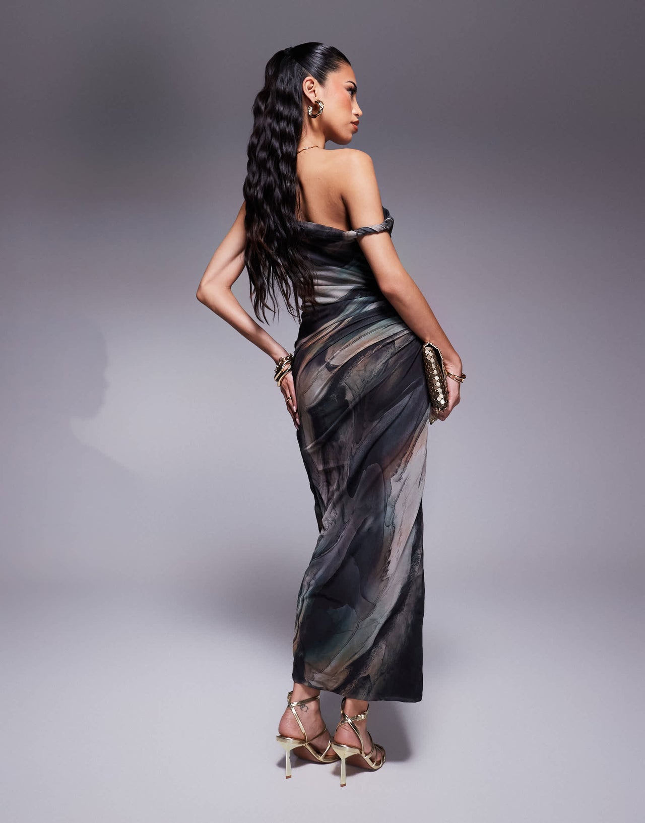 ASOS DESIGN twist one shoulder mesh midi dress in marble print