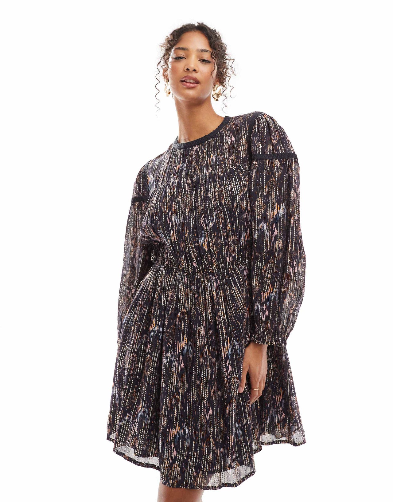 French Connection jacquard mini skater dress in navy print with glitter