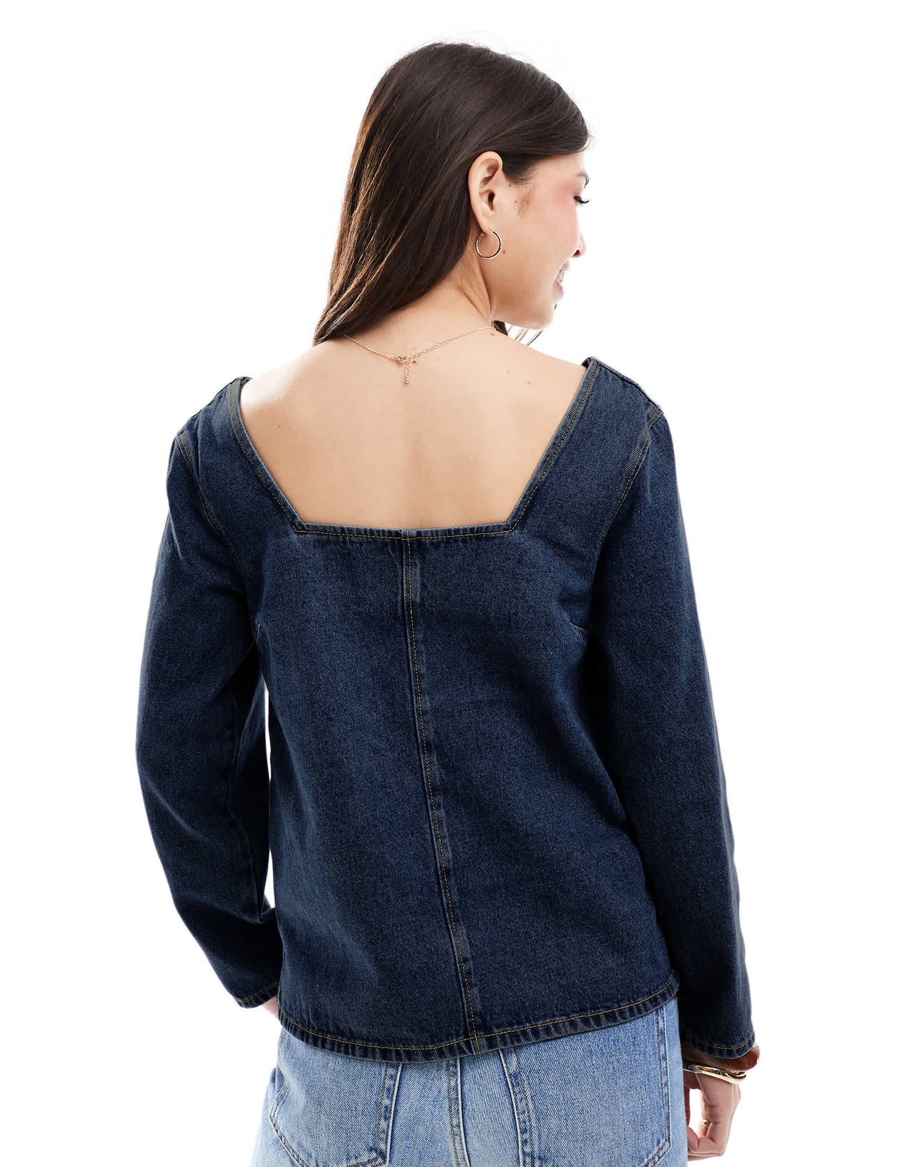 ASOS DESIGN denim seamed long sleeve top in dark indigo