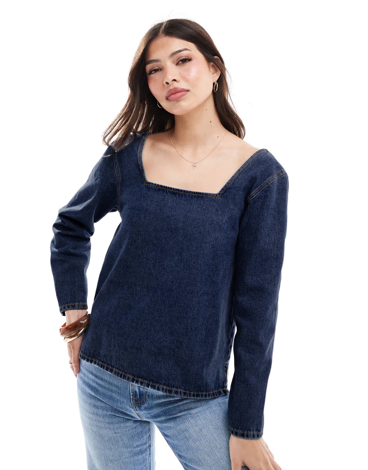ASOS DESIGN denim seamed long sleeve top in dark indigo