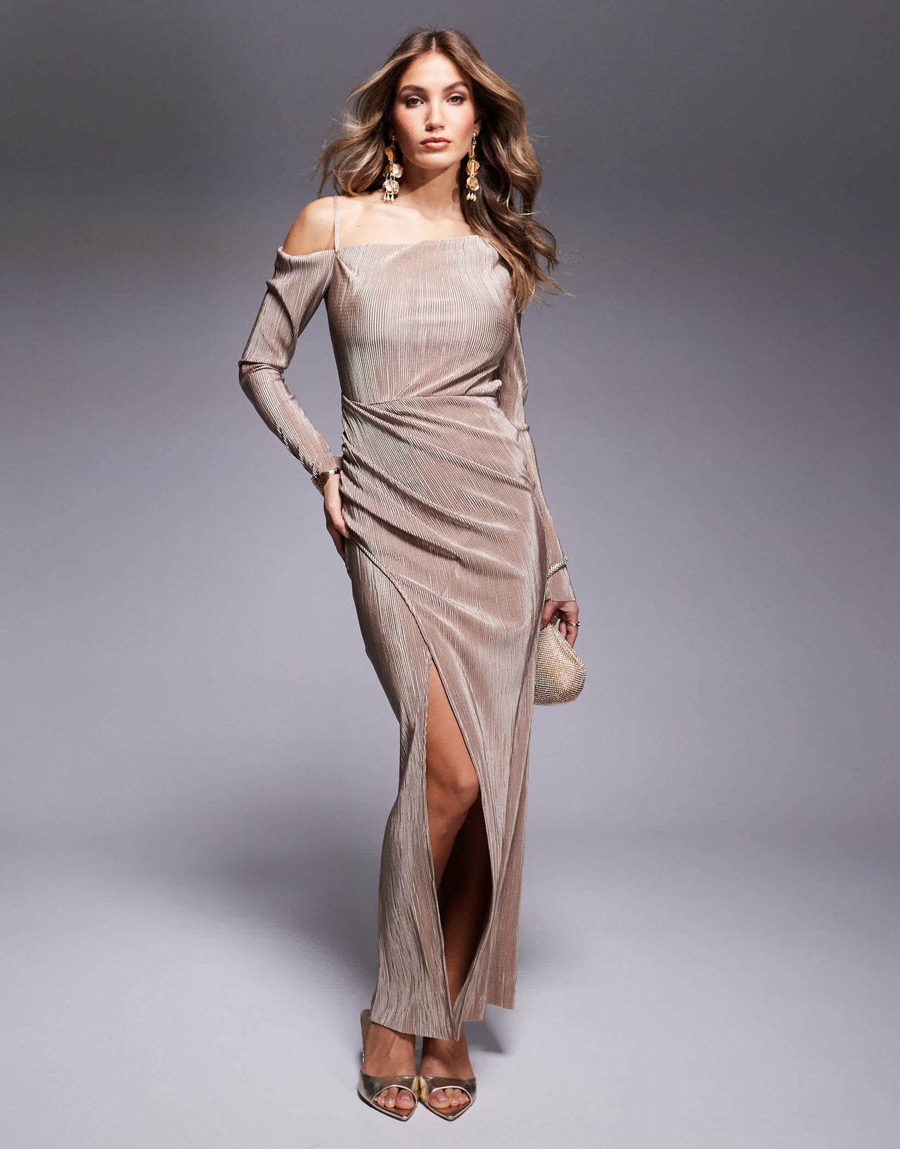 ASOS DESIGN plisse fallen shoulder maxi dress with ruching in camel