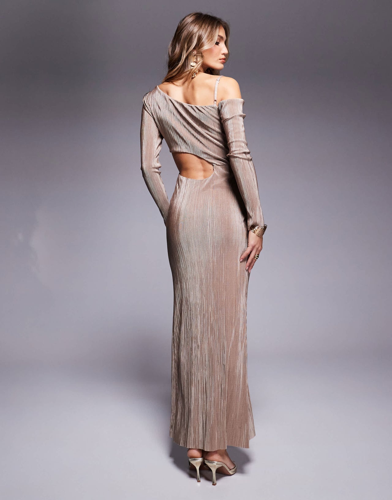 ASOS DESIGN plisse fallen shoulder maxi dress with ruching in camel