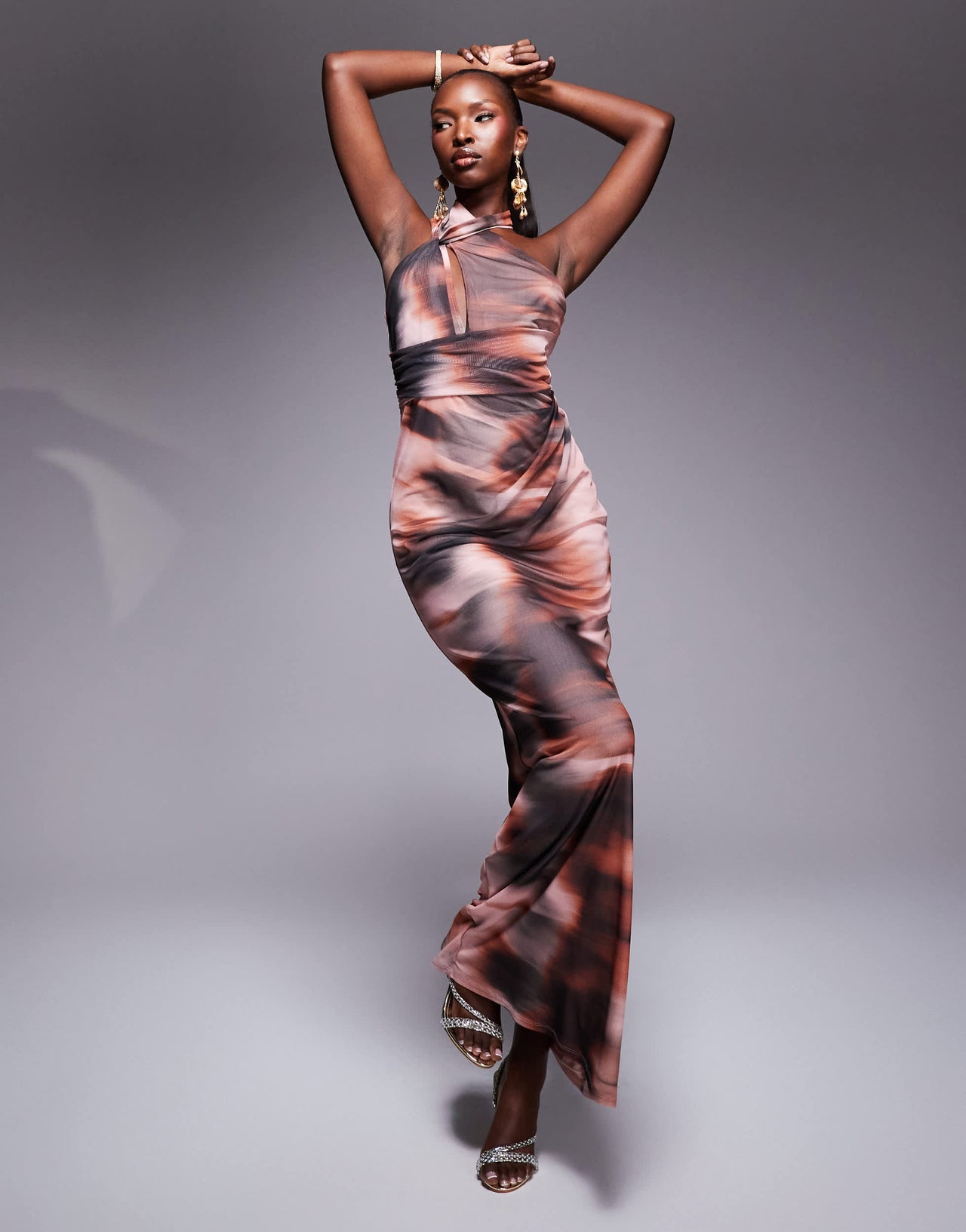 ASOS DESIGN halter cross front maxi dress in pink smudge print