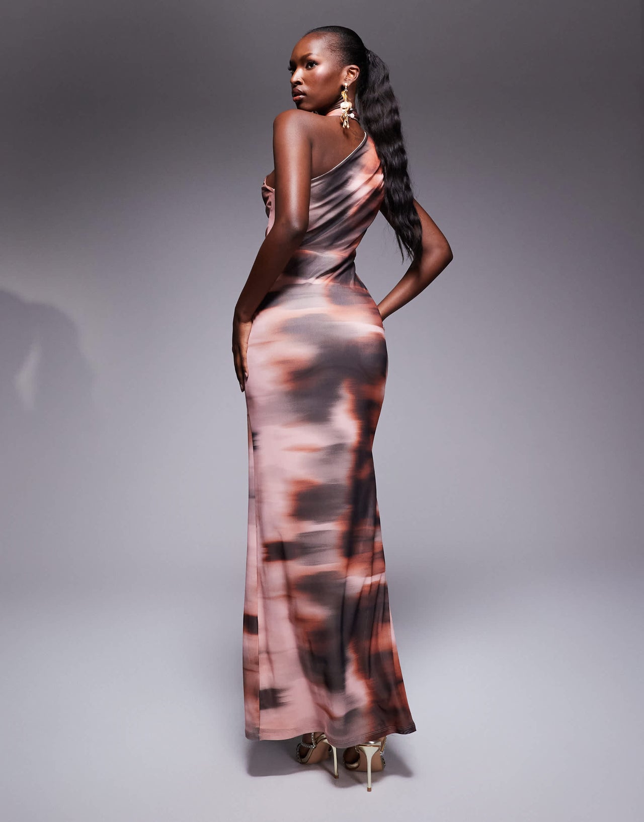 ASOS DESIGN halter cross front maxi dress in pink smudge print