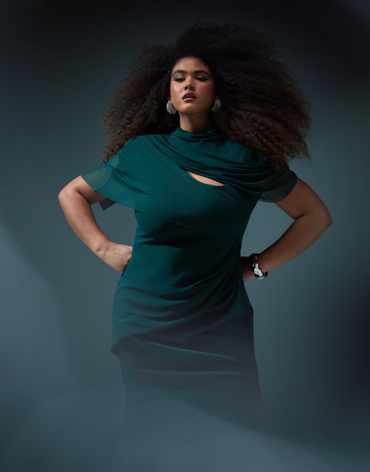 ASOS DESIGN Curve draped mesh shoulder pad premium maxi dress in forest green