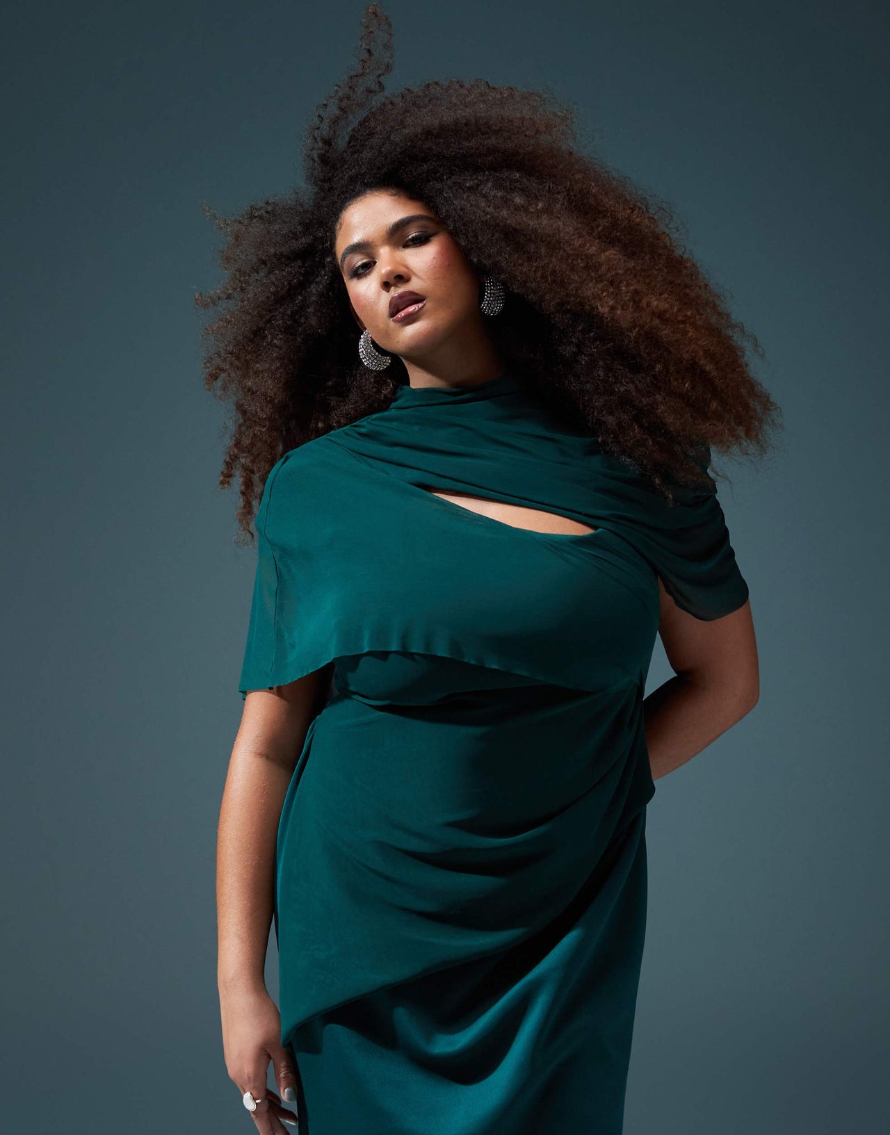 ASOS DESIGN Curve draped mesh shoulder pad premium maxi dress in forest green