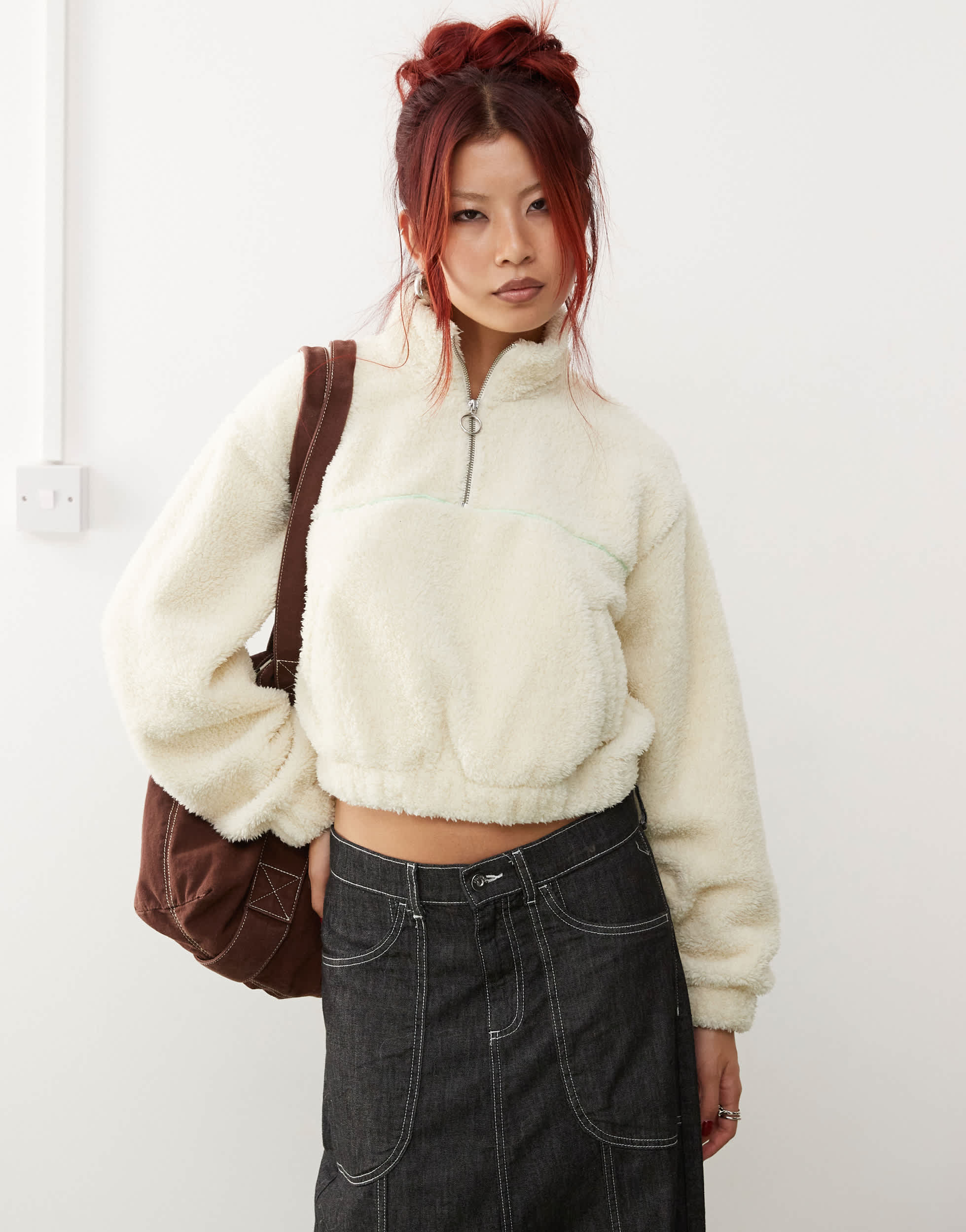 Monki borg half zip up fleece sweatshirt in off white with constrast mint piping