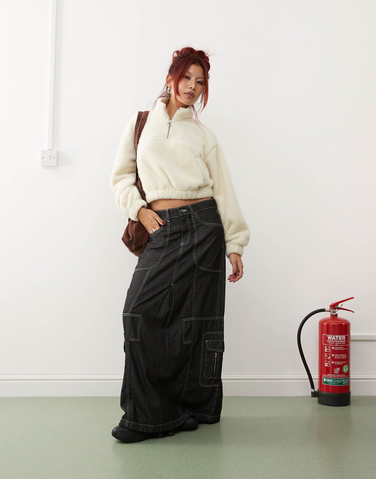 Monki borg half zip up fleece sweatshirt in off white with constrast mint piping