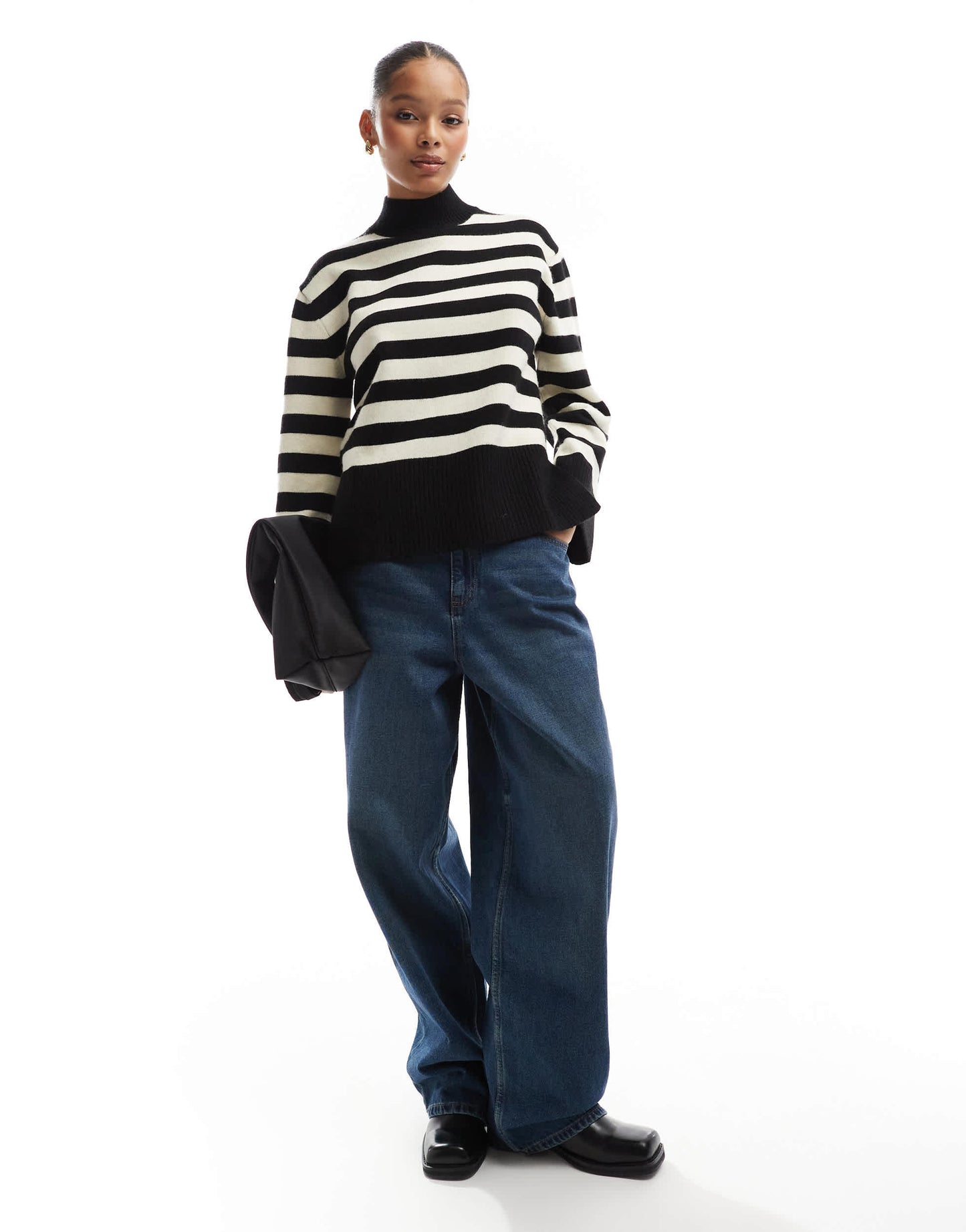 Bershka high neck striped jumper in black