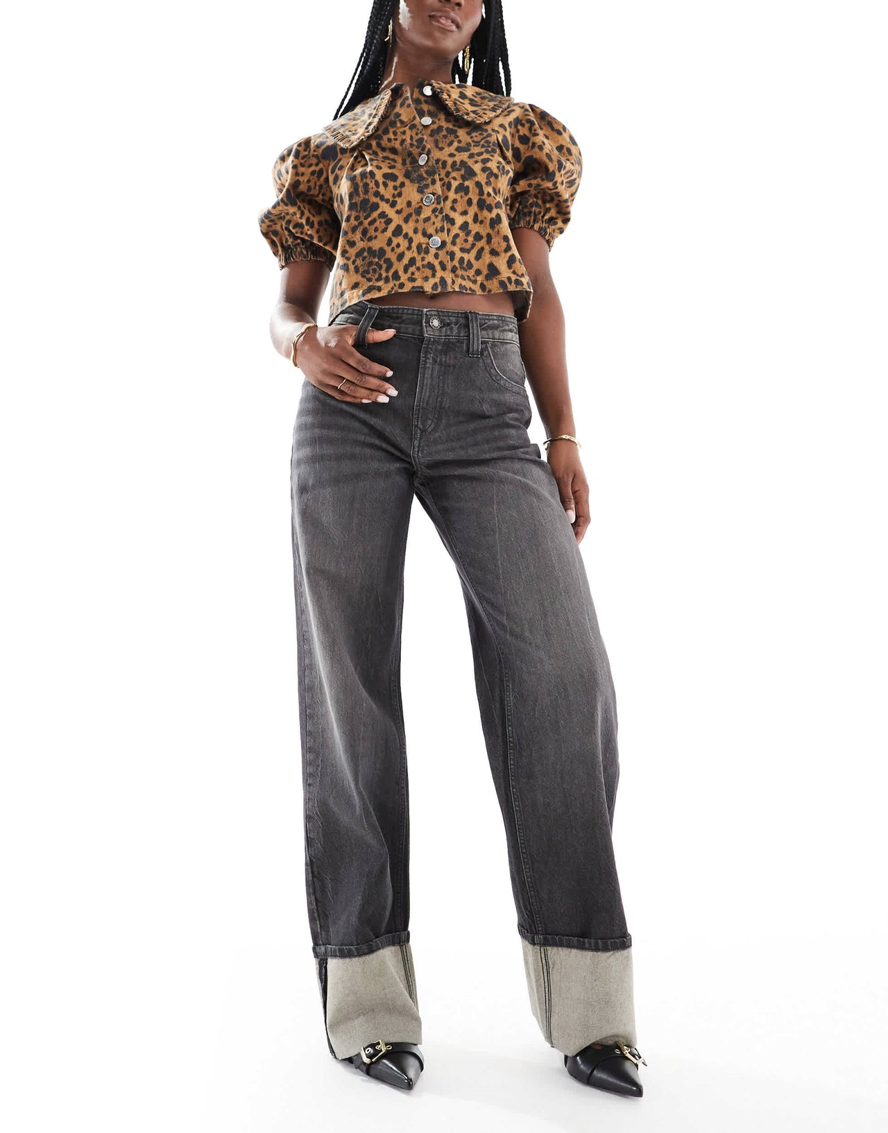 Bershka turn up wide leg jeans in dirty washed black