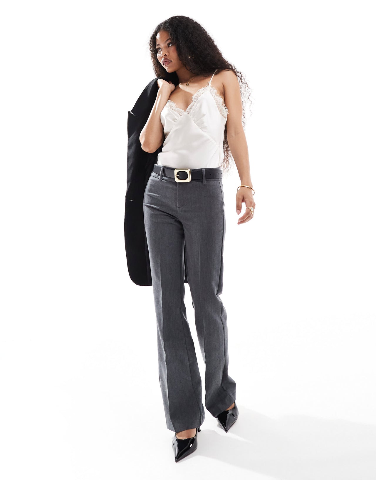 Bershka Petite flared tailored trousers in dark grey