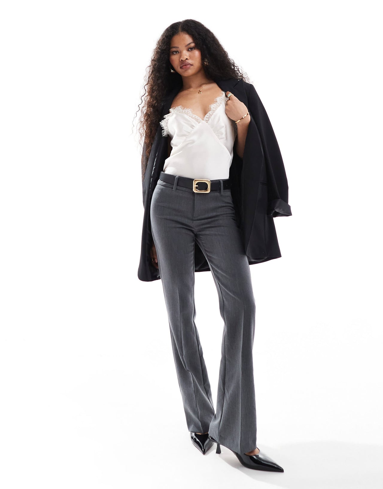 Bershka Petite flared tailored trousers in dark grey