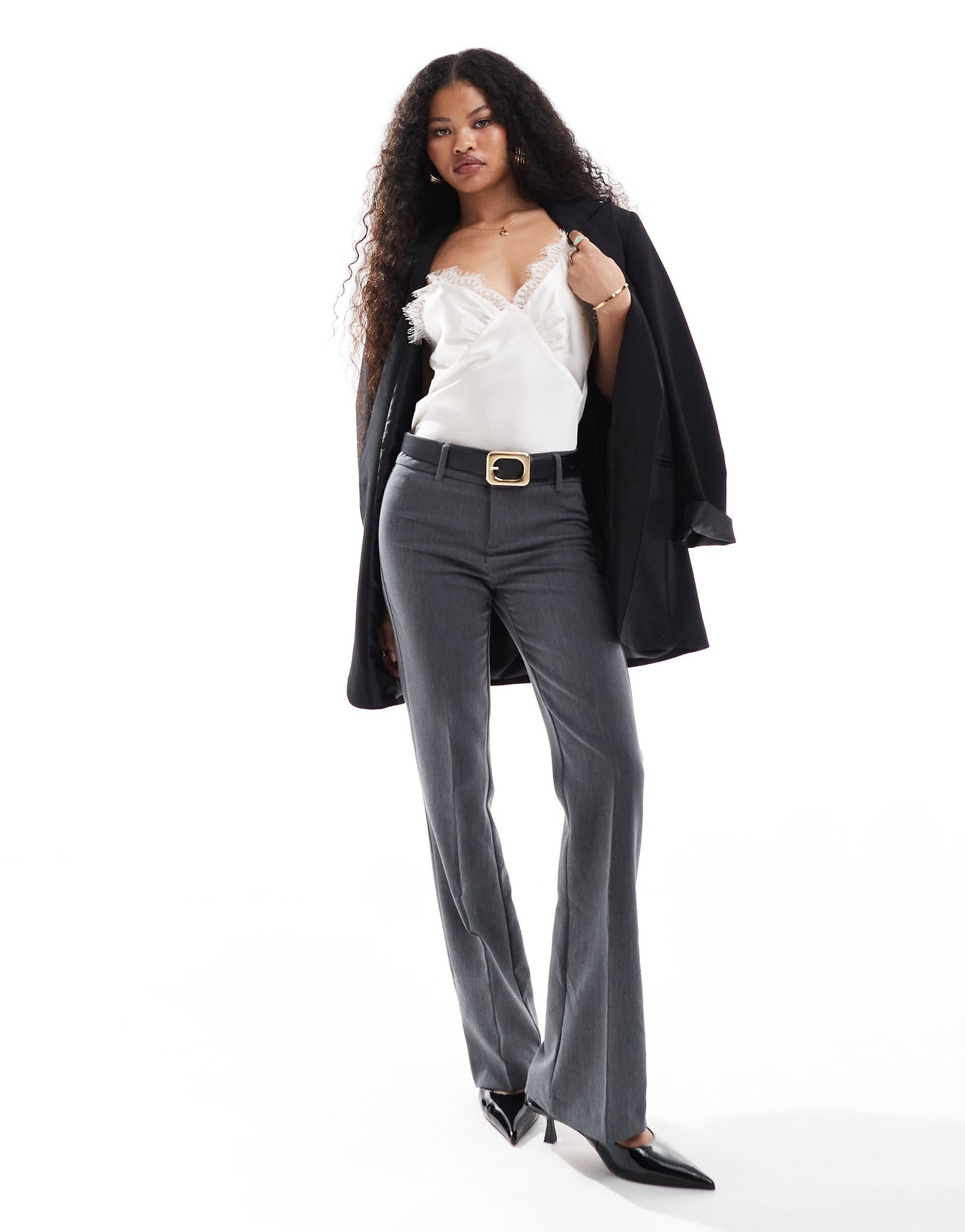 Bershka Petite flared tailored trousers in dark grey