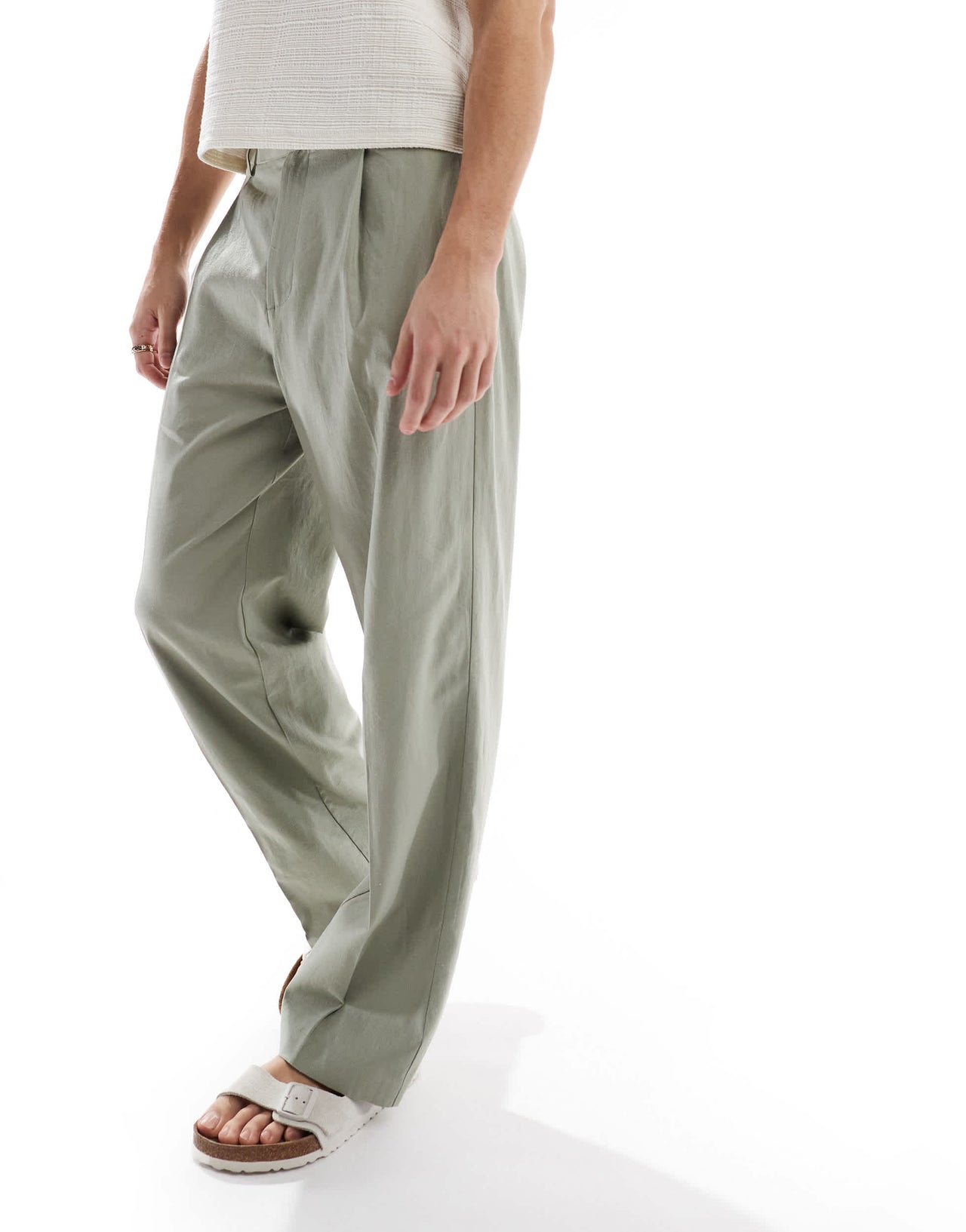 ASOS DESIGN smart wide leg linen blend trousers with front pleat in sage green