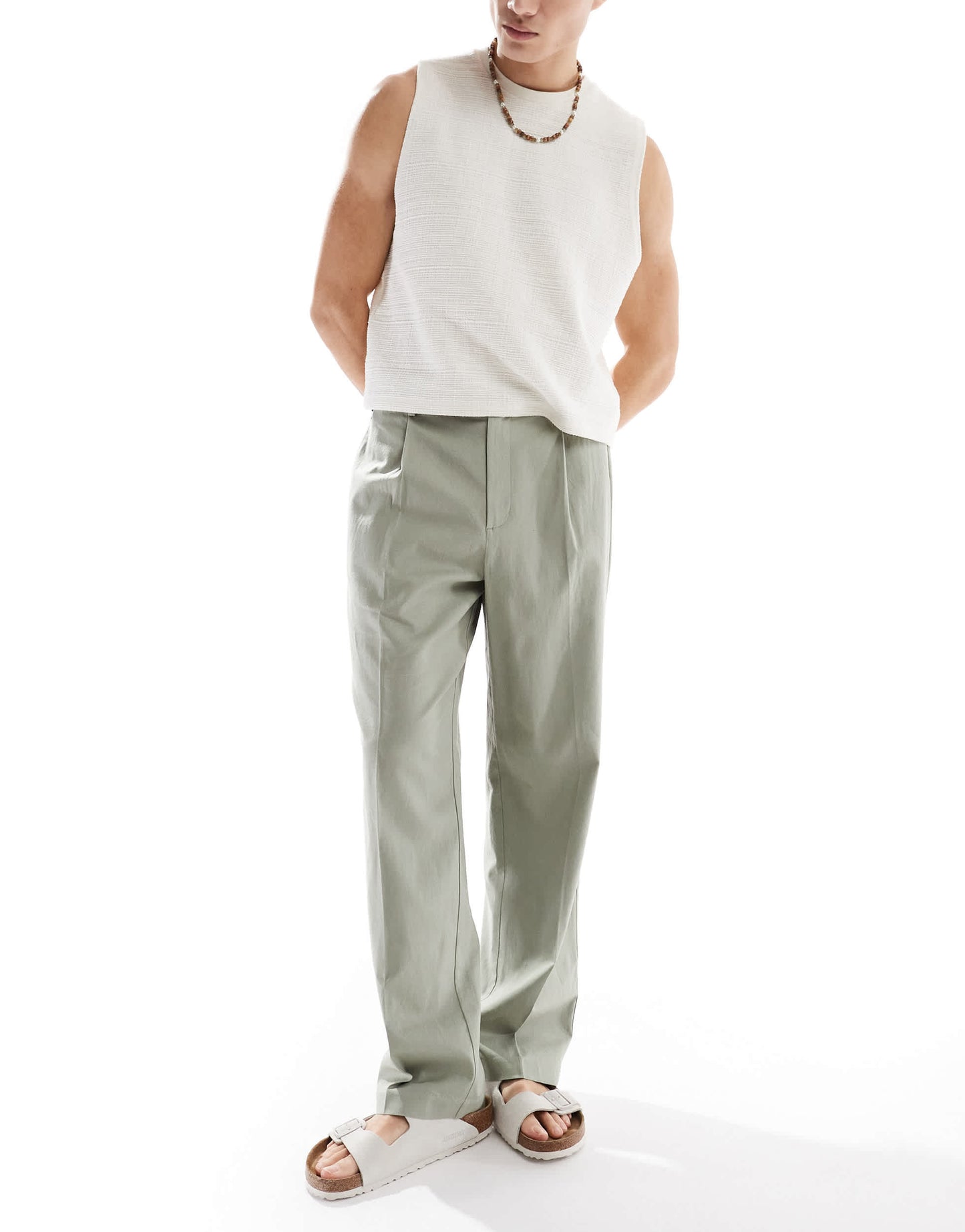 ASOS DESIGN smart wide leg linen blend trousers with front pleat in sage green