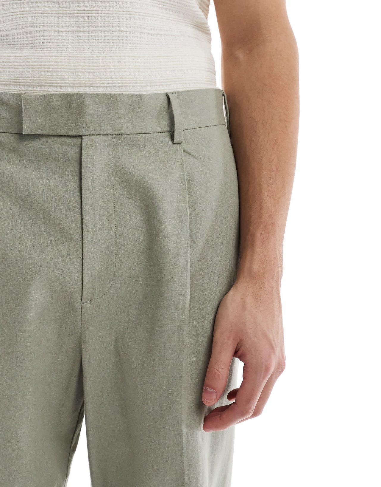 ASOS DESIGN smart wide leg linen blend trousers with front pleat in sage green