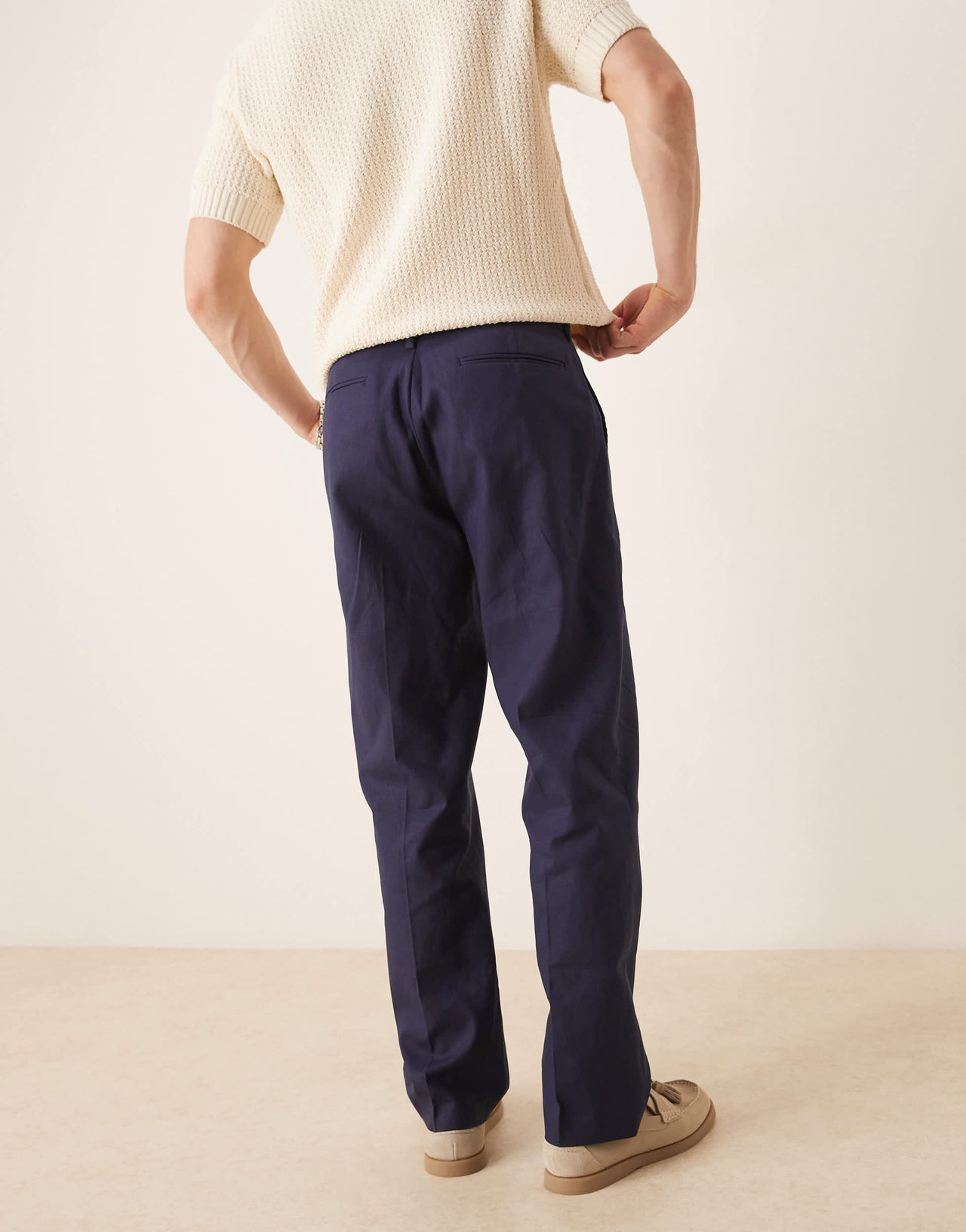 ASOS DESIGN smart straight leg linen blend trousers in navy