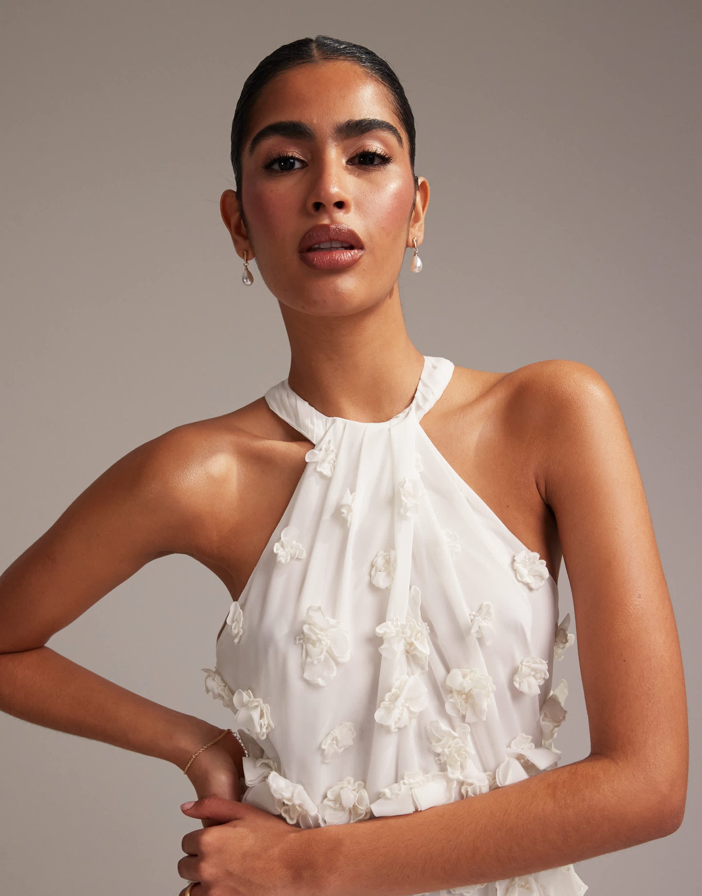 ASOS DESIGN 3D floral statement halter maxi wedding dress in ivory
