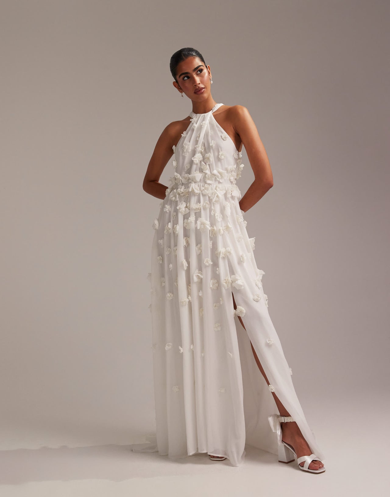 ASOS DESIGN 3D floral statement halter maxi wedding dress in ivory