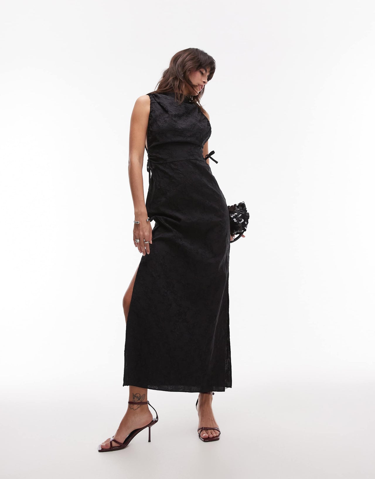 Topshop slash neck ruched side maxi dress in black jacquard