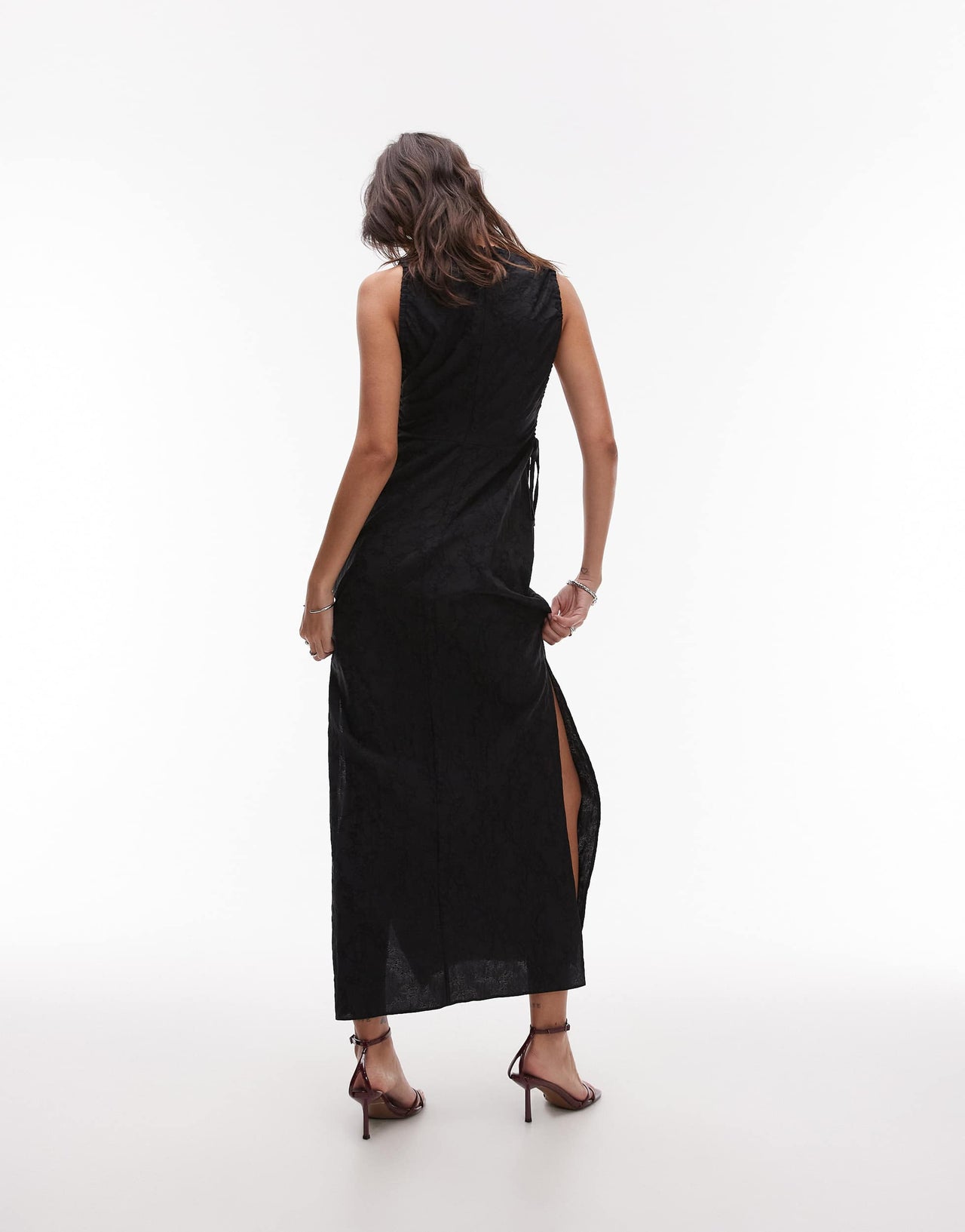 Topshop slash neck ruched side maxi dress in black jacquard