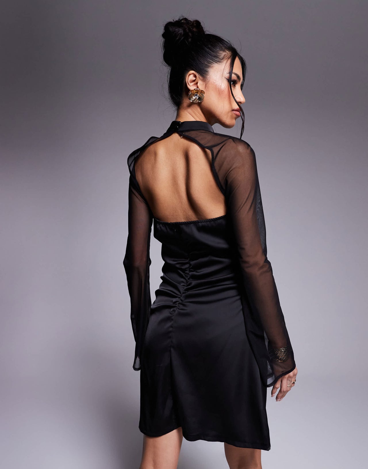 In The Style x Perrie Sian exclusive high neck flared sheer sleeve cutout satin mini dress in black