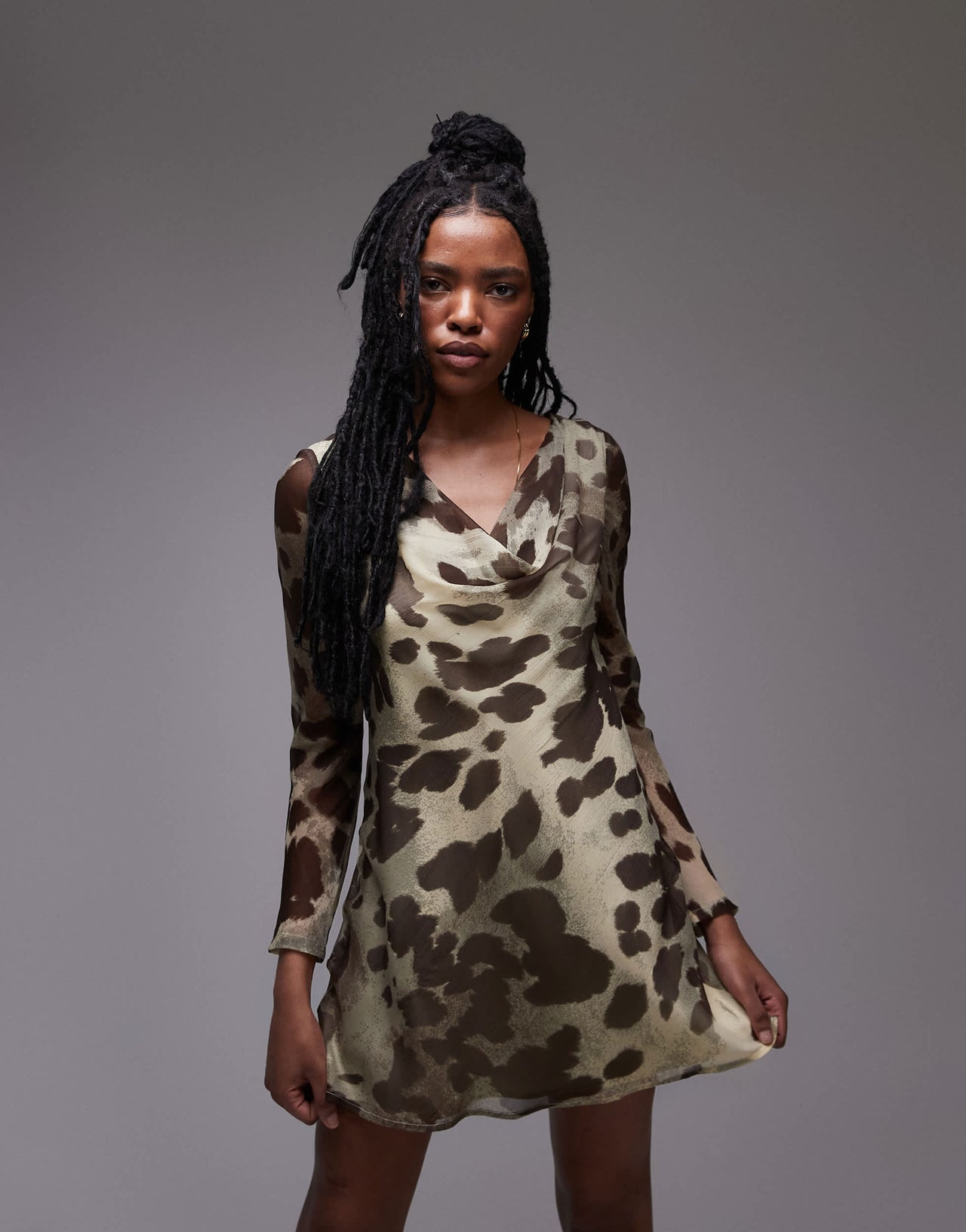 Topshop long sleeve cowl neck mini tea dress in blurred animal