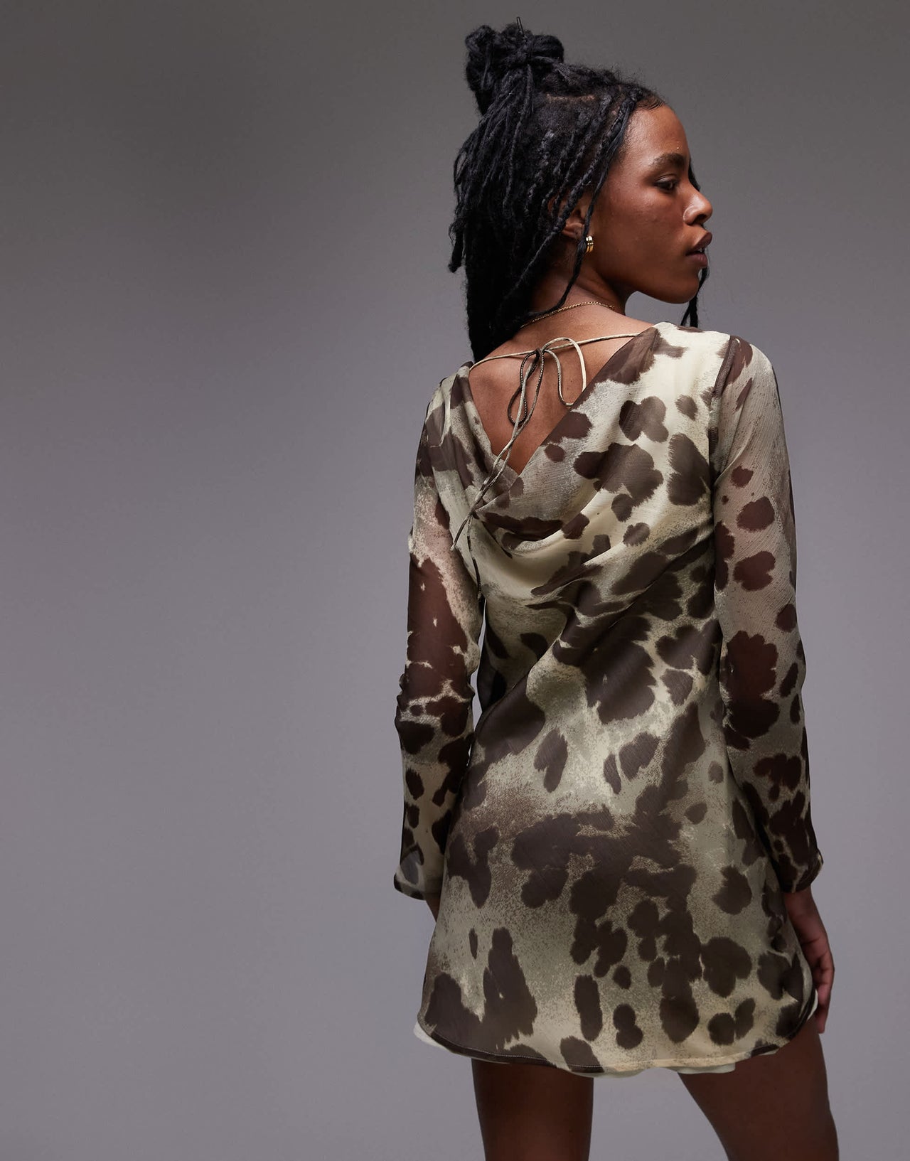 Topshop long sleeve cowl neck mini tea dress in blurred animal