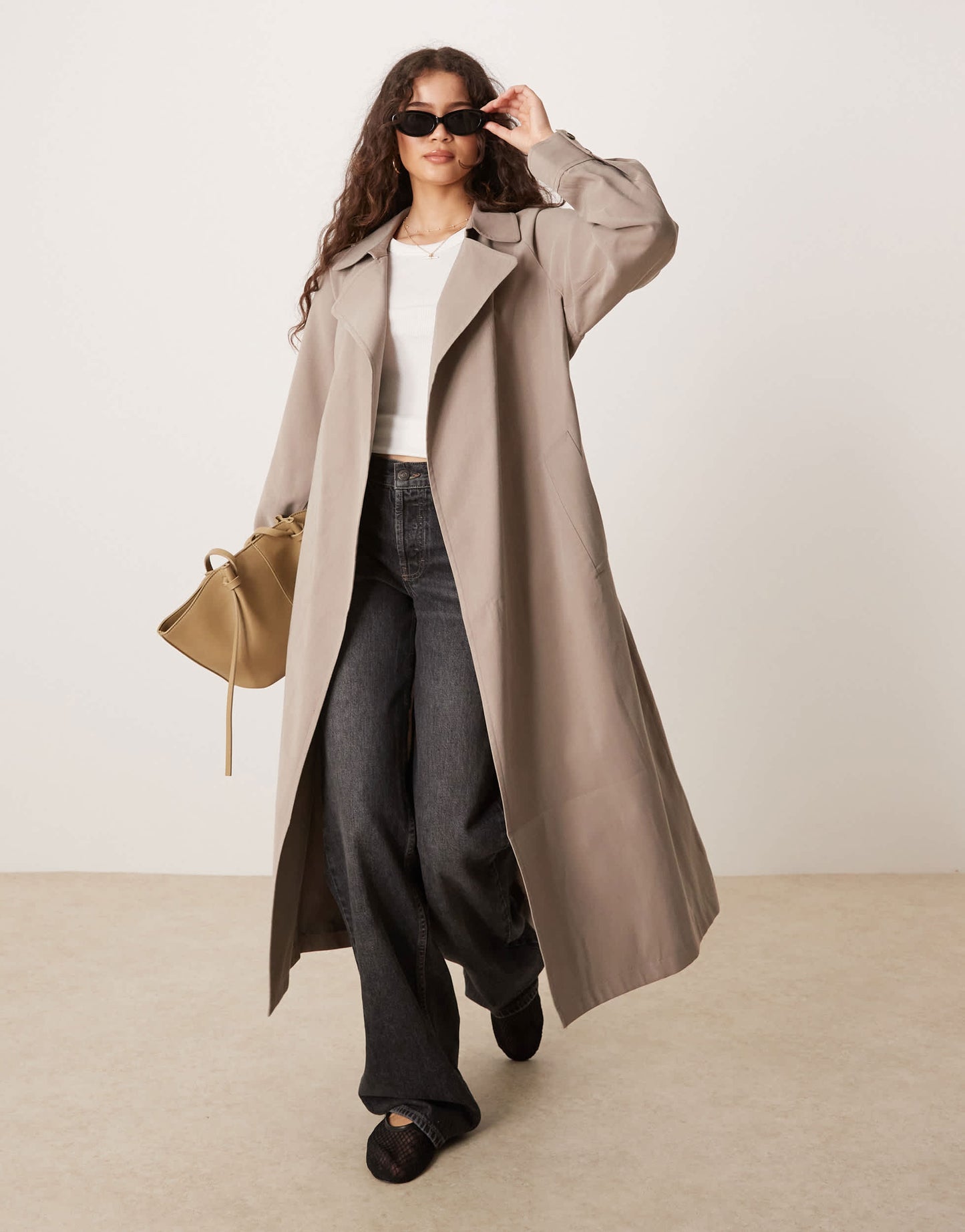 ASOS DESIGN waterfall collar trench coat in mushroom