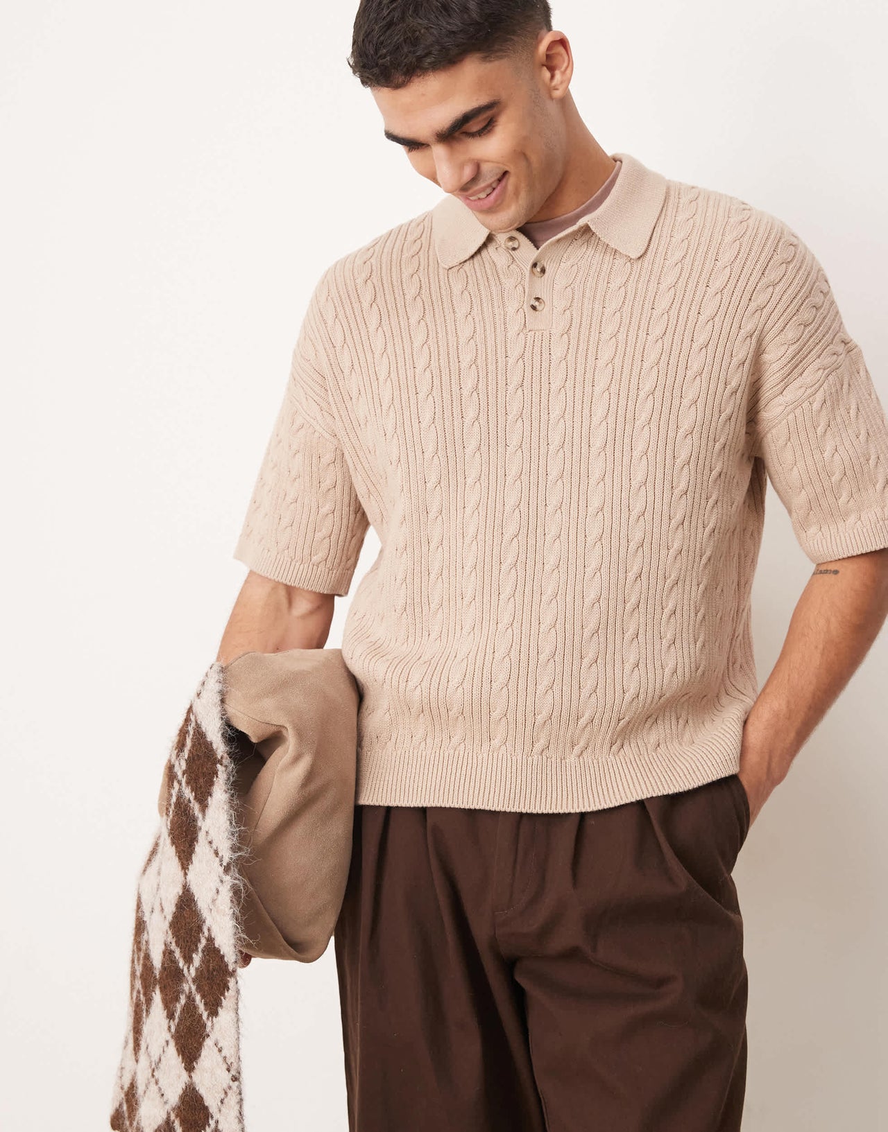 ASOS DESIGN relaxed  fit ribbed knitted polo in stone