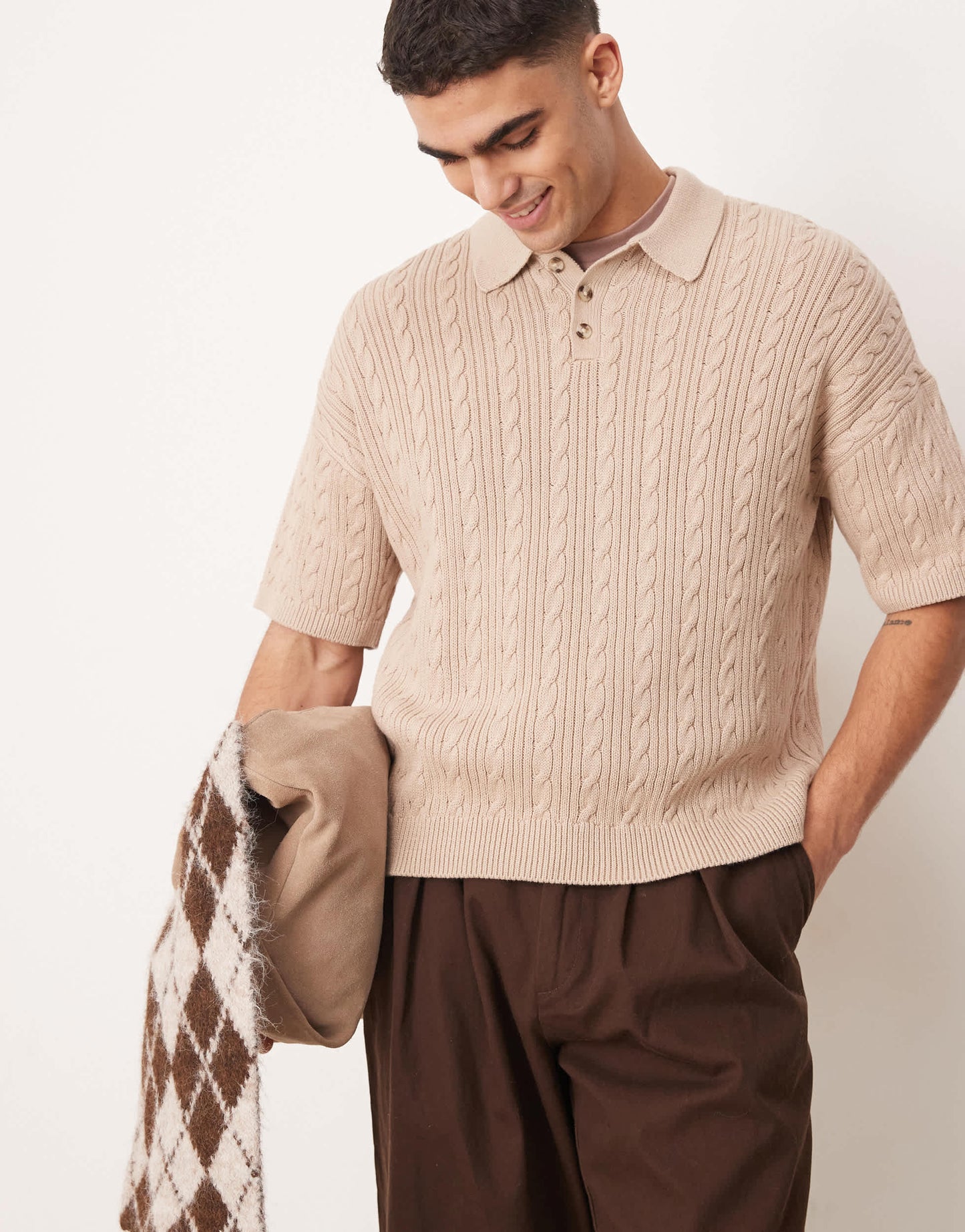 ASOS DESIGN relaxed  fit ribbed knitted polo in stone