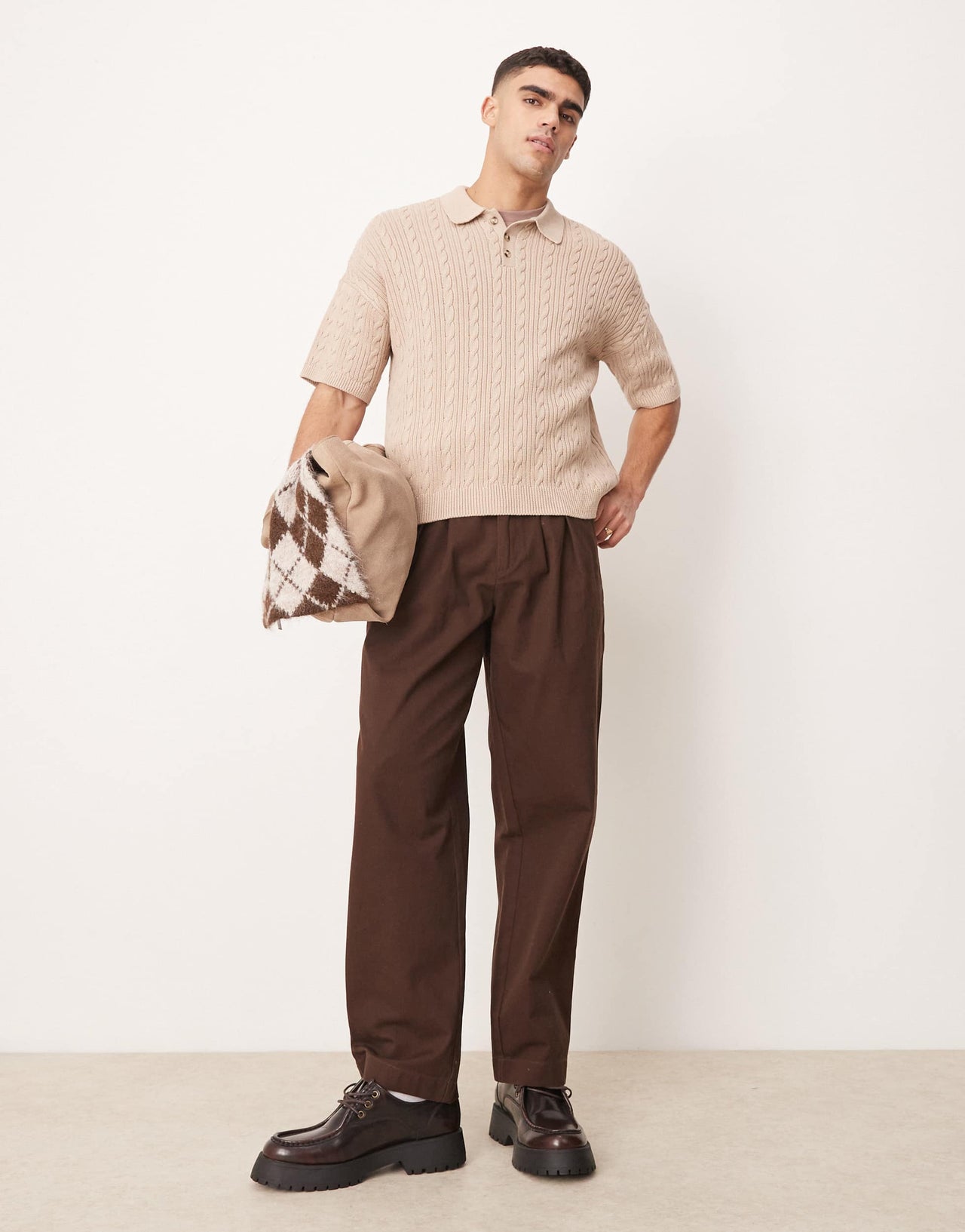 ASOS DESIGN relaxed  fit ribbed knitted polo in stone