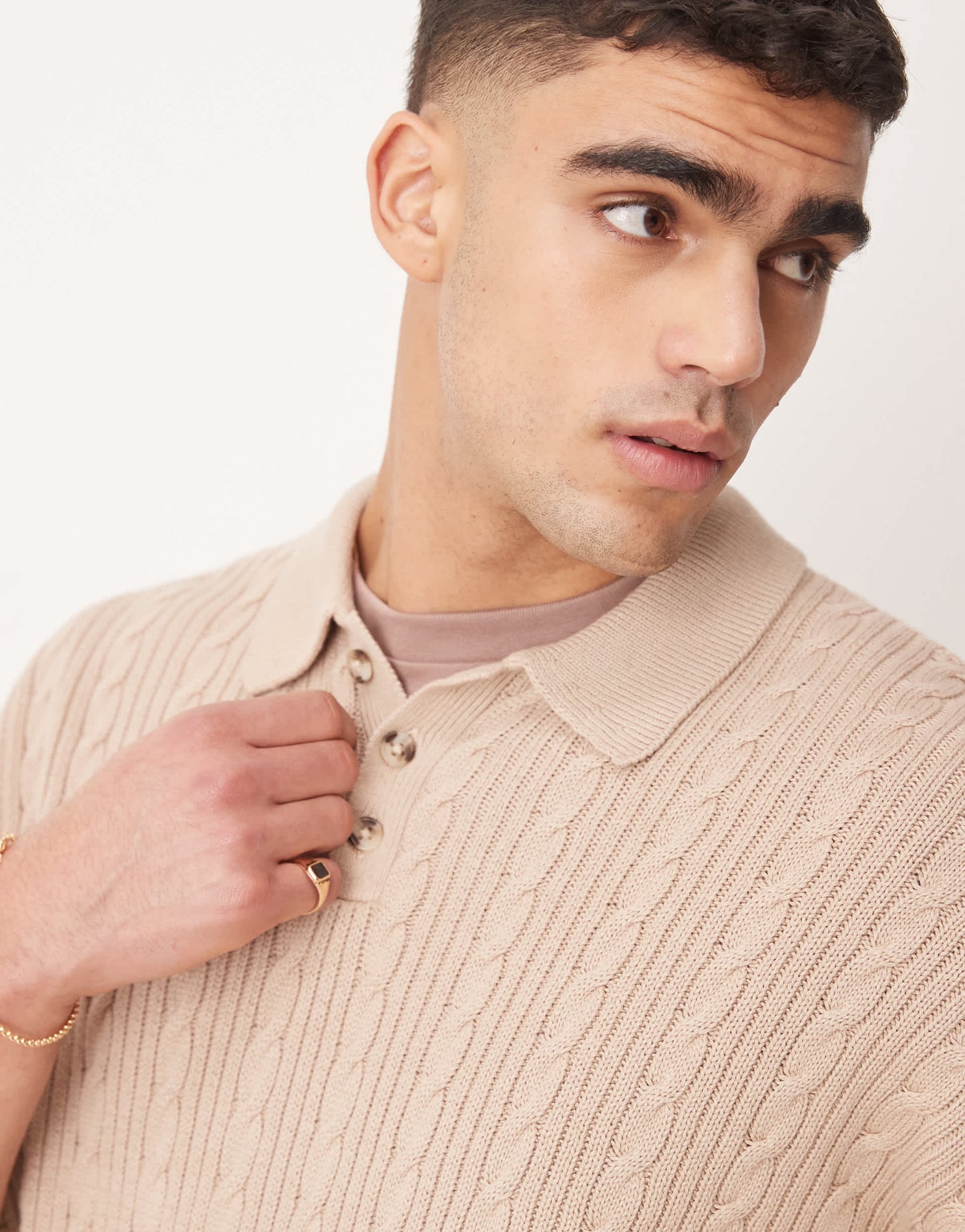 ASOS DESIGN relaxed  fit ribbed knitted polo in stone