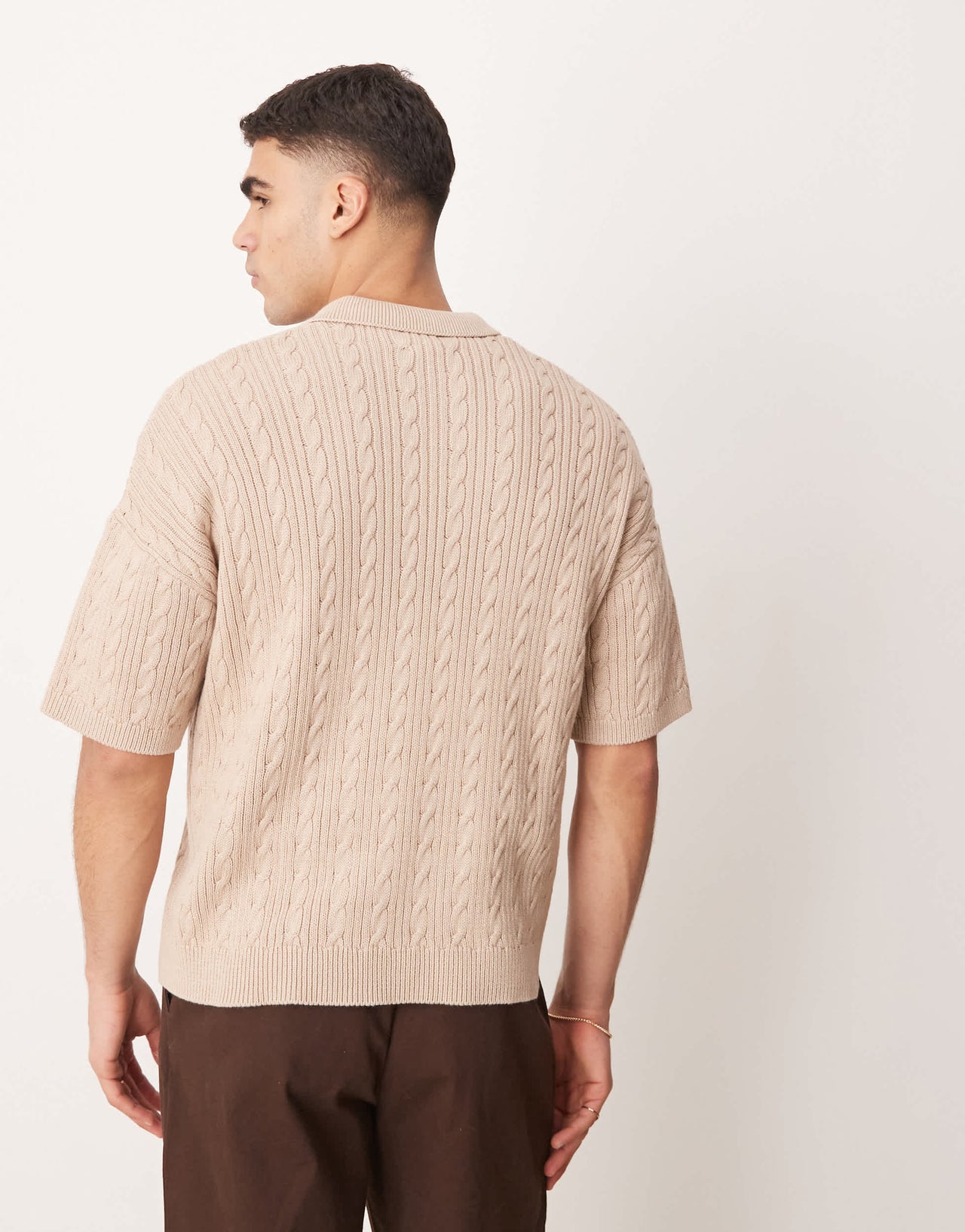 ASOS DESIGN relaxed  fit ribbed knitted polo in stone