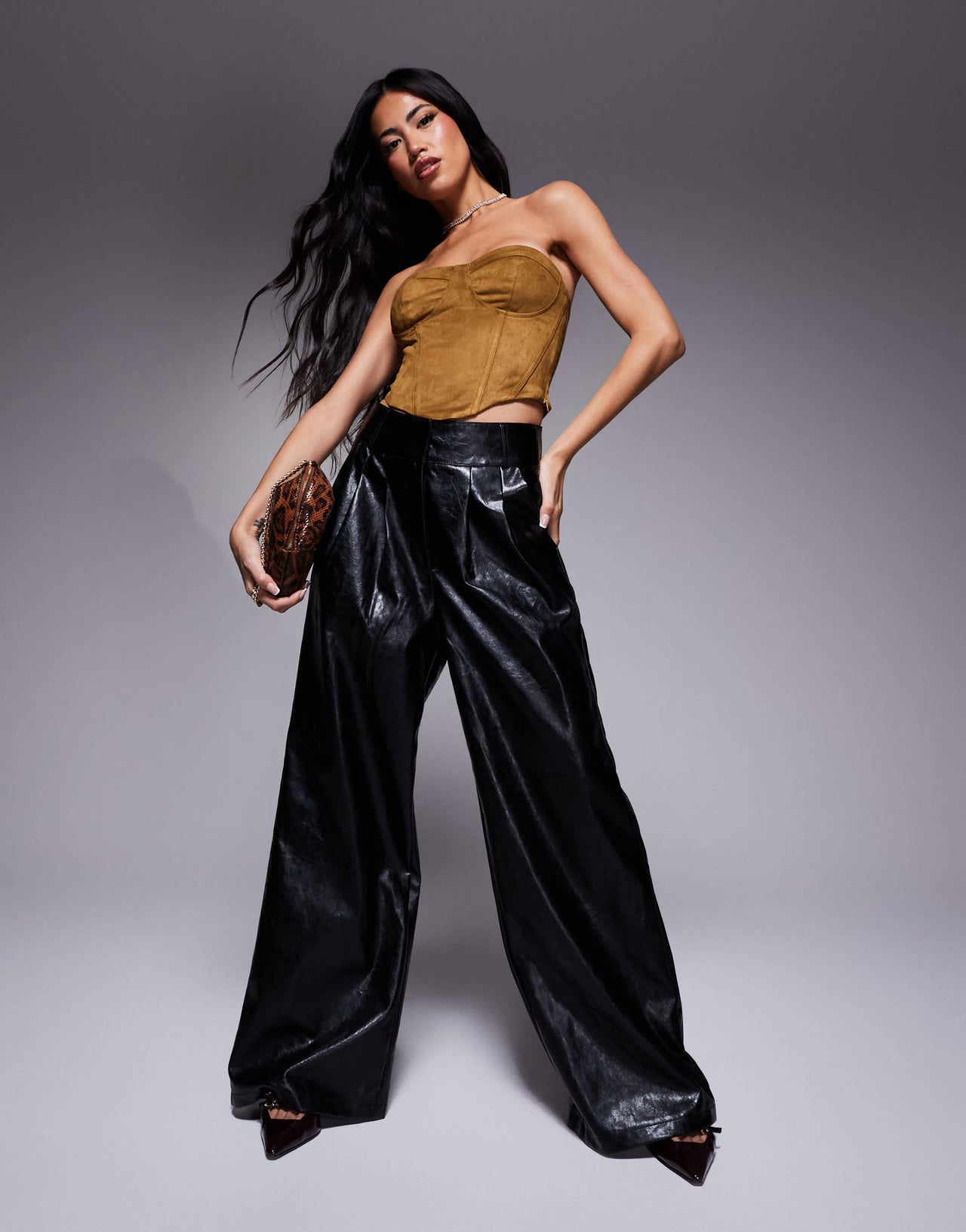 River Island faux leather wide leg trouser in black