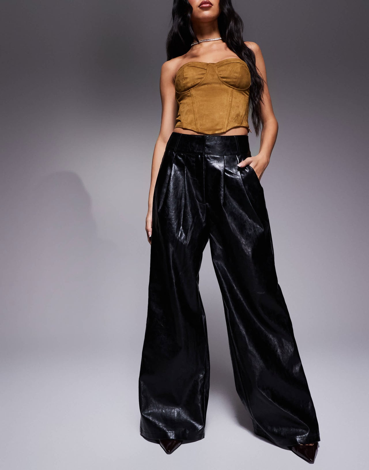 River Island faux leather wide leg trouser in black