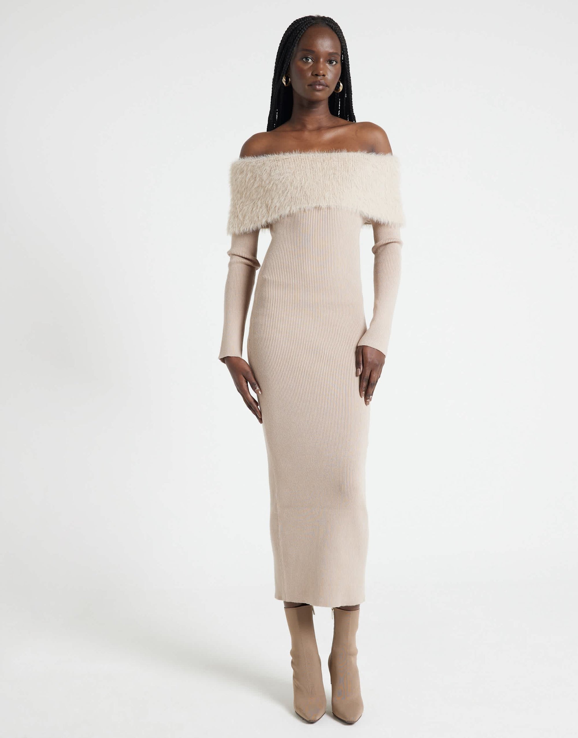 River Island bardot knitted midi dress with fluff detail in mink