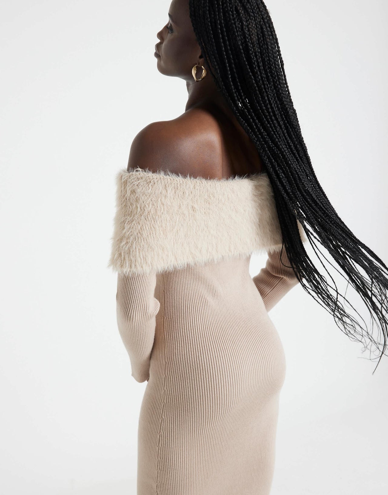 River Island bardot knitted midi dress with fluff detail in mink