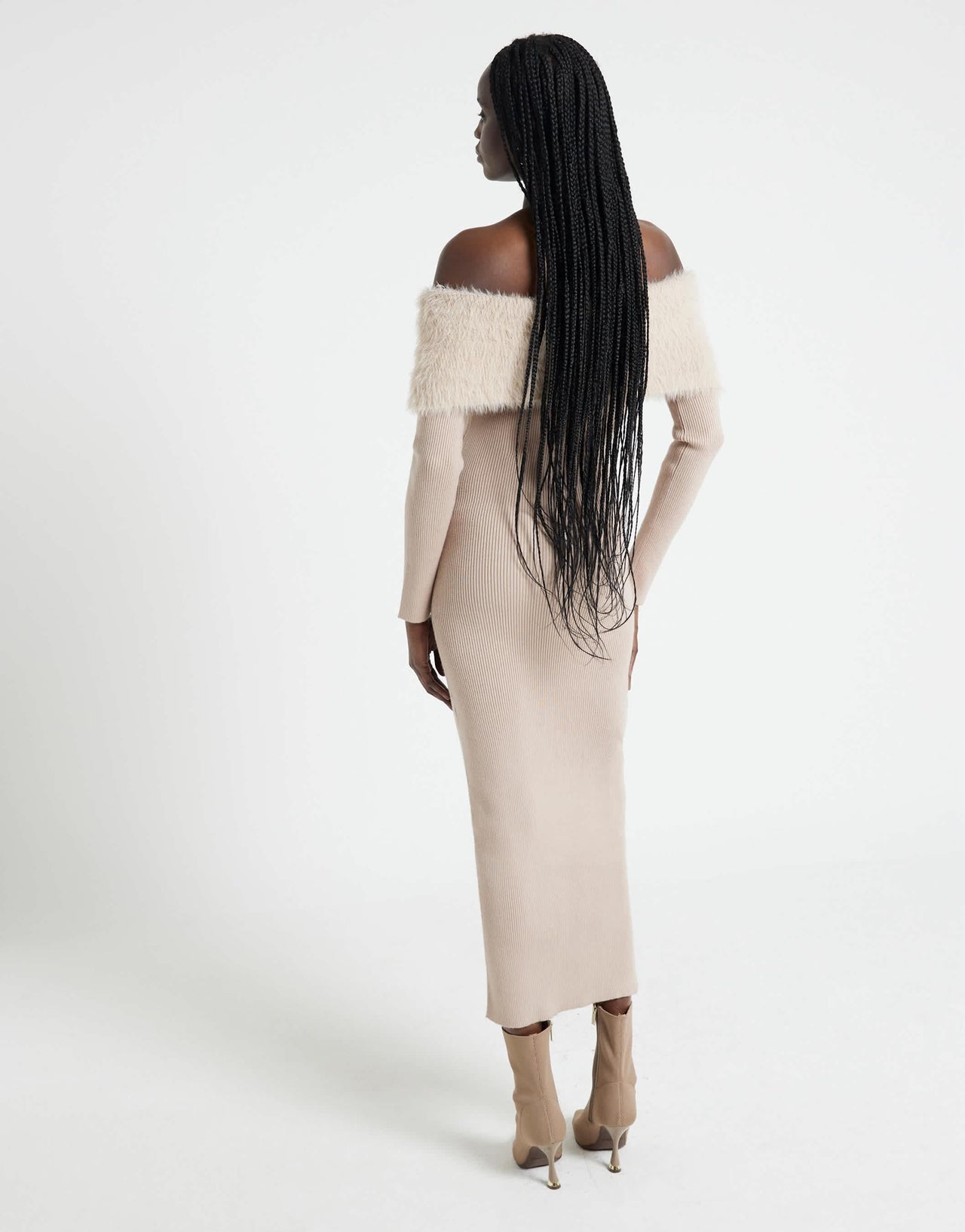 River Island bardot knitted midi dress with fluff detail in mink